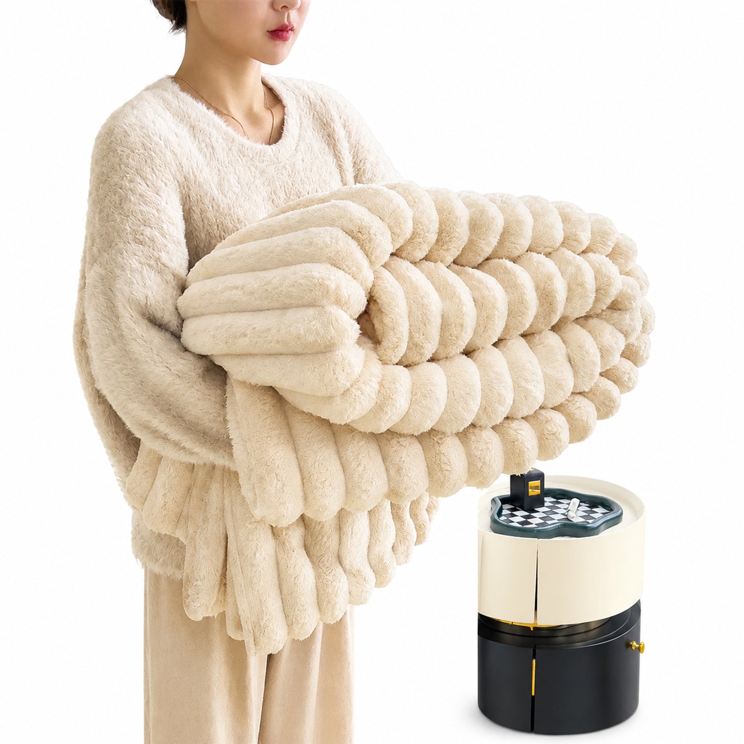 SWGOTA Crèmekleurige gestreepte plaid 100 x 150 cm van polyester, machinewasbare deken crèmewit