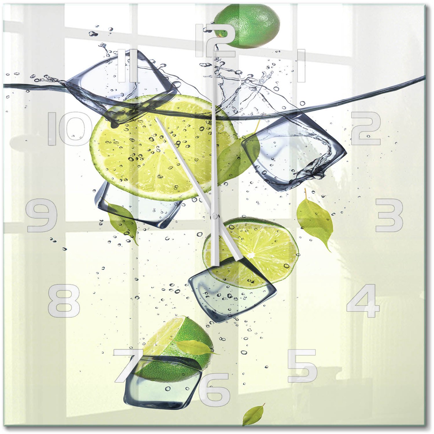 TULUP Wandklok - Limoenen en ijs Glazen Wandklok Design - 60x60 cm - Groente Klok Glas Met Opdruk - Witte handen - Vierkante Klok - Wandklok Glas Met Motief - Decoratieve Glazen Klok
