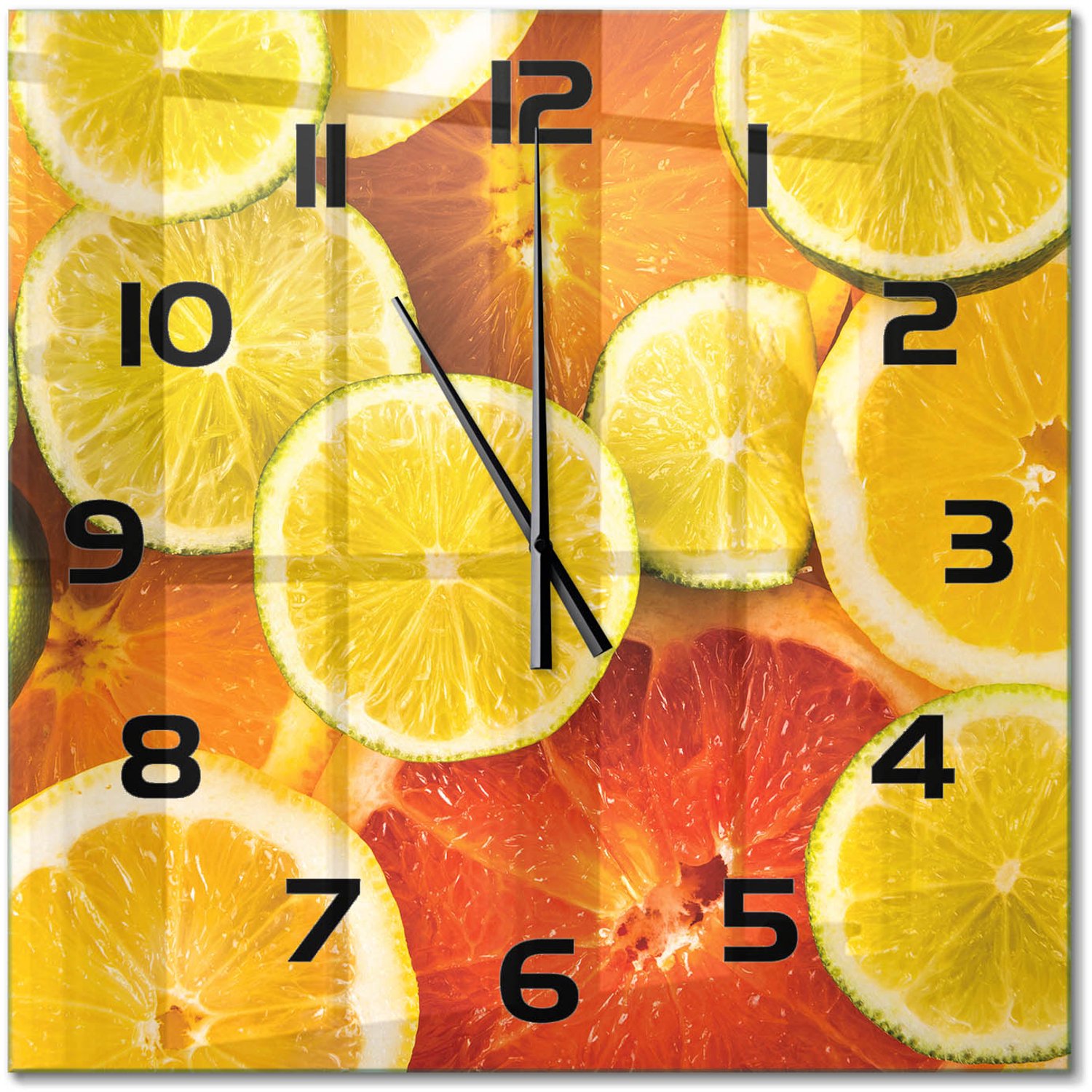 TULUP Wandklok - Citrusvruchten Wandklok Glas Met Motief - 60x60 cm - Oranje Decoratieve Glazen Klok - Zwarte handen - Vierkante Klok - Gekleurde Glazen Klok - Glazen Klok Met Print