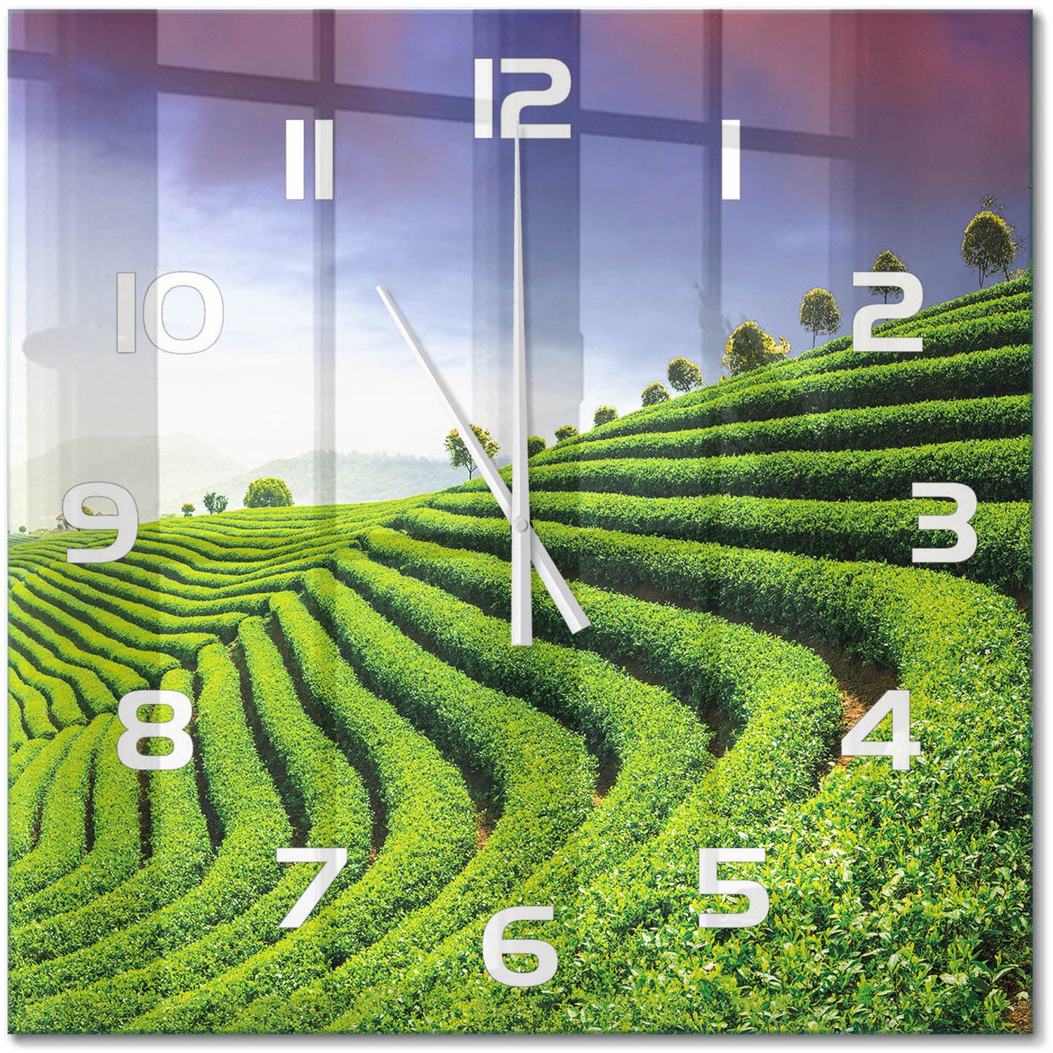 TULUP Wandklok - Theeplantage Wandklok Glas Decoratie - 60x60 cm - Groente Gekleurde Glazen Klok - Witte handen - Vierkante Klok - Klok Glas Met Opdruk - Moderne Wandklok Glas