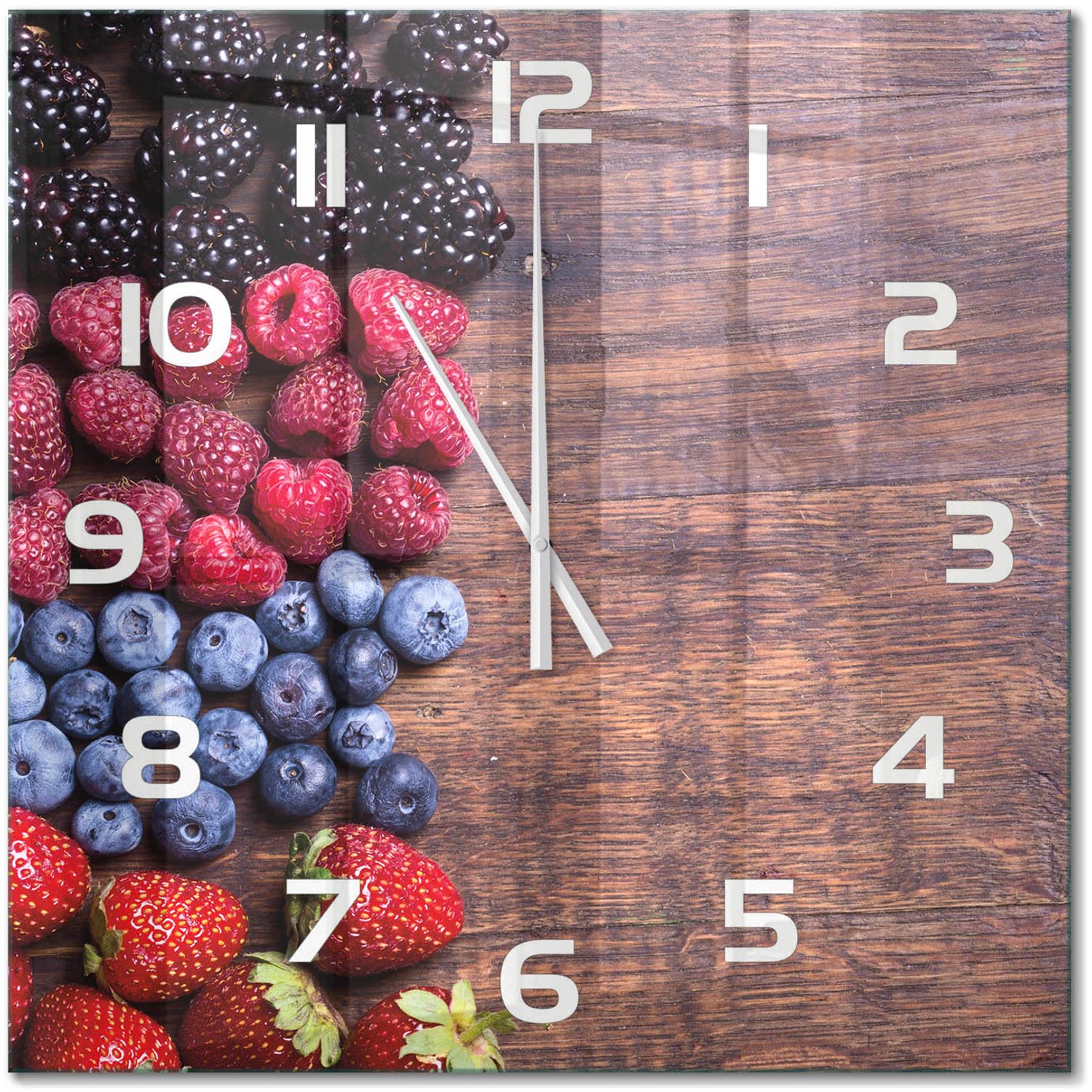 TULUP Wandklok - Bosvruchten Wandklok Glas Met Motief - 60x60 cm - Veelkleurig Decoratieve Glazen Klok - Witte handen - Vierkante Klok - Gekleurde Glazen Klok - Glazen Klok Met Print