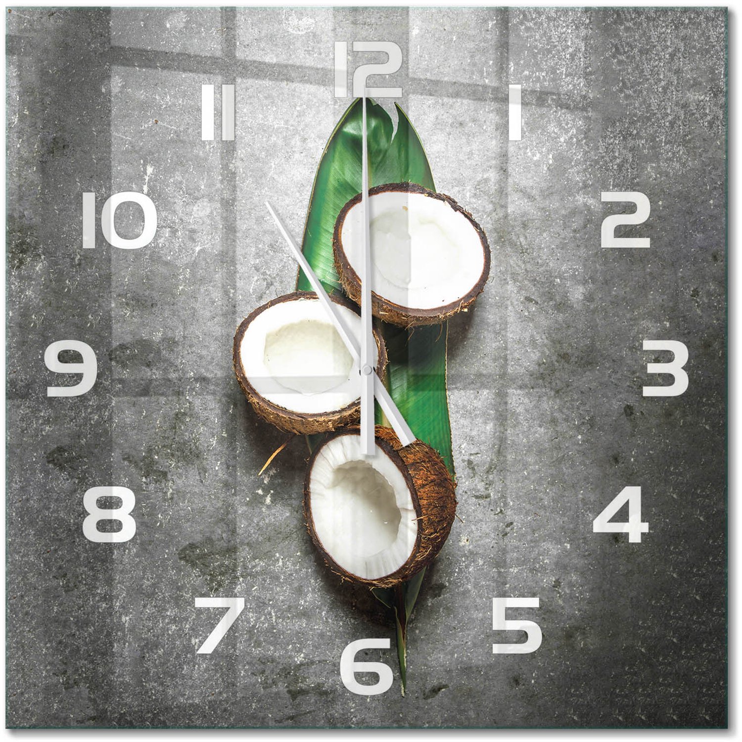 TULUP Wandklok - Een halve kokosnoot Gekleurde Glazen Klok - 60x60 cm - Groente Glazen Klok Met Print - Witte handen - Vierkante Klok - Moderne Wandklok Glas - Wandklok Glas Decoratie