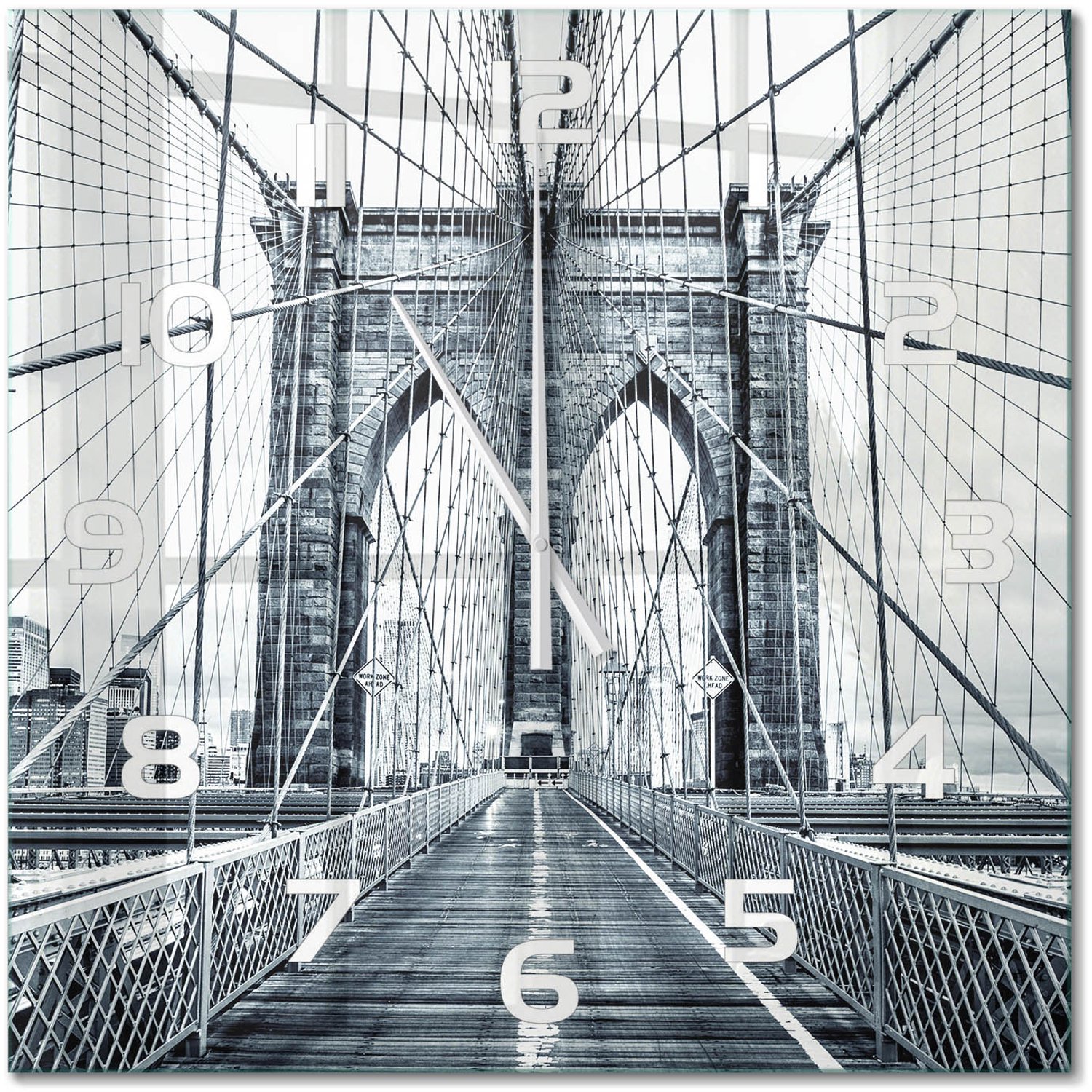 TULUP Wandklok - Brooklynbrug Moderne Wandklok Glas - 60x60 cm - Zwart-wit Wandklok Glas Decoratie - Witte handen - Vierkante Klok - Glazen Wandklok Design - Klok Glas Met Opdruk