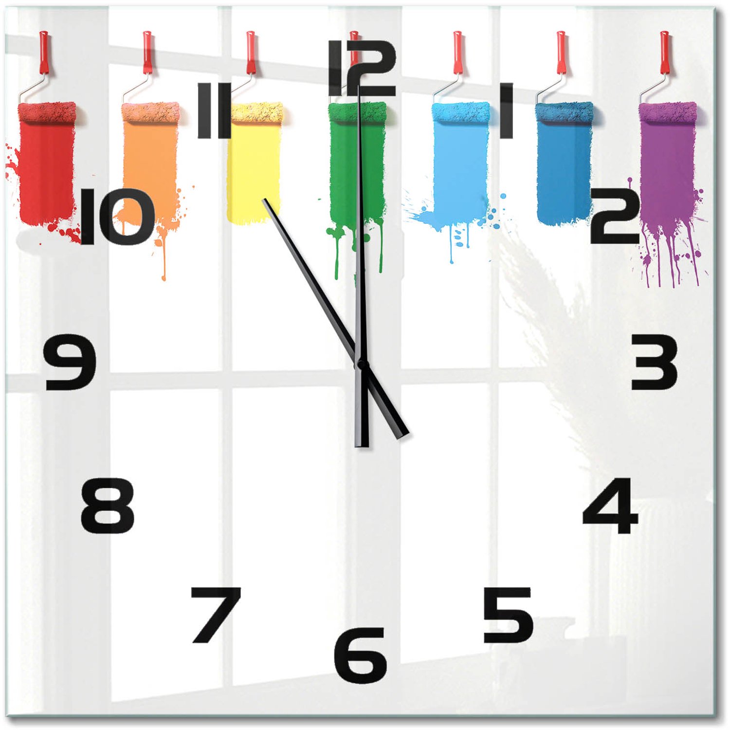 TULUP Wandklok - Verfrollers Decoratieve Glazen Klok - 60x60 cm - Veelkleurig Glazen Wandklok Design - Zwarte handen - Vierkante Klok - Glazen Klok Met Print - Wandklok Glas Met Motief
