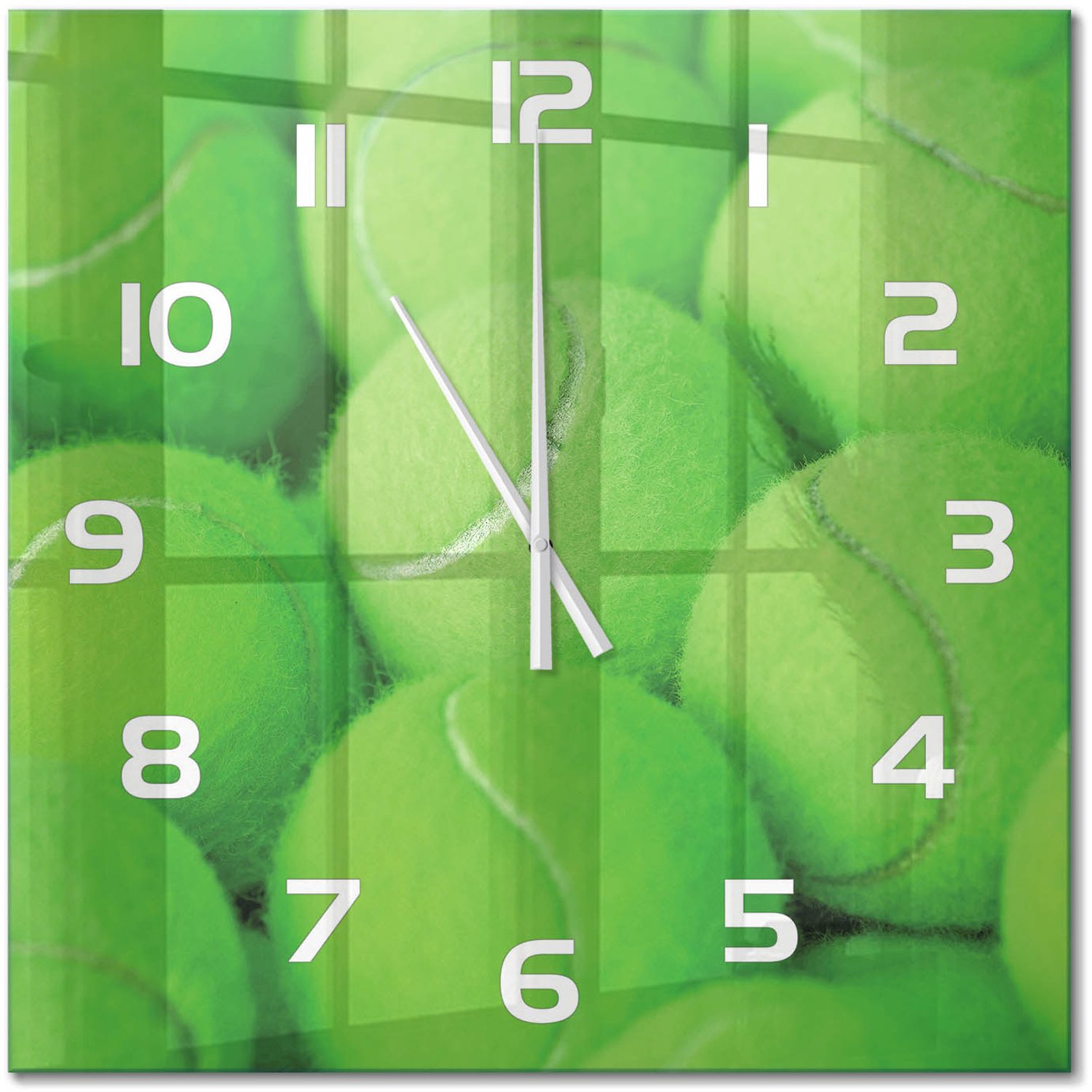 TULUP Wandklok - Tennisballen Klok Glas Met Opdruk - 60x60 cm - Groente Moderne Wandklok Glas - Witte handen - Vierkante Klok - Decoratieve Glazen Klok - Glazen Wandklok Design