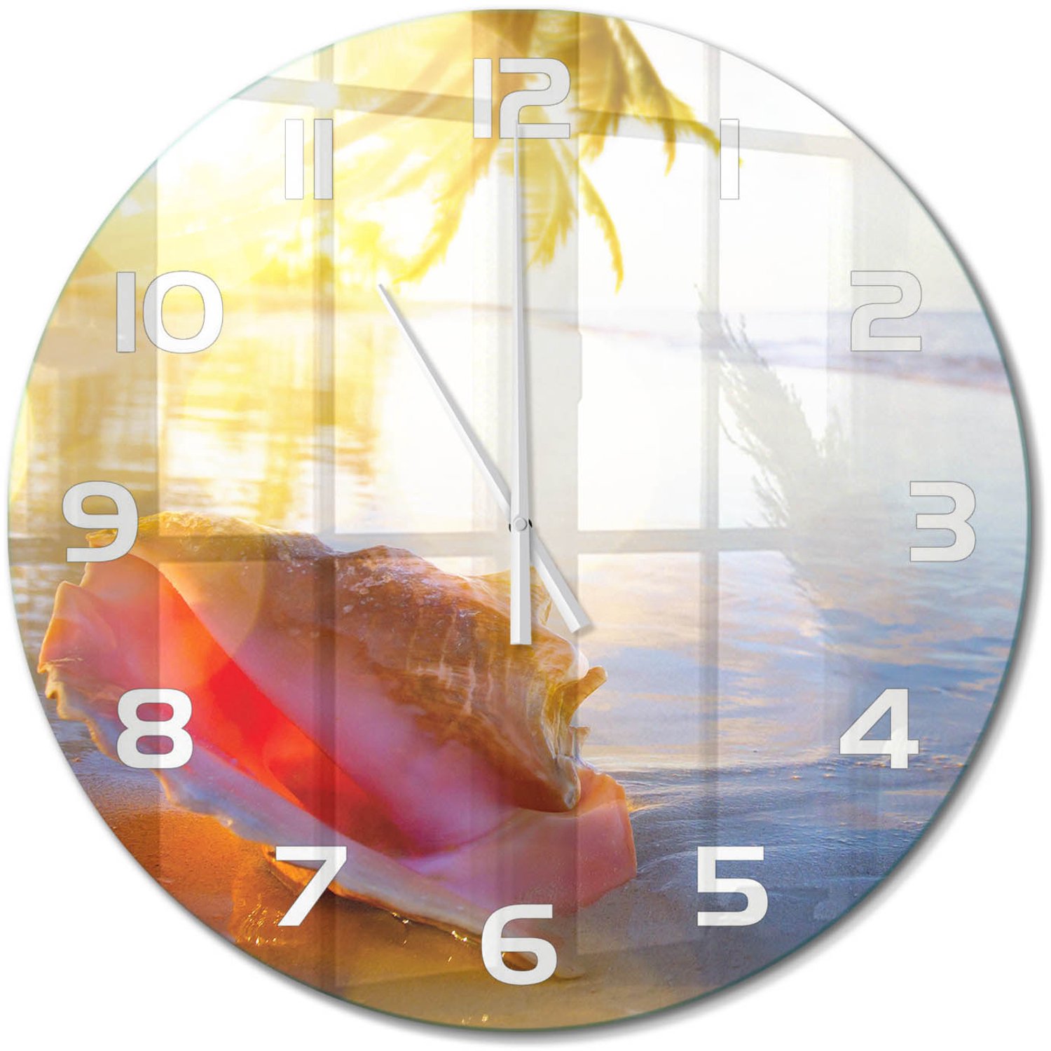 TULUP Wandklok - Een schelp op het strand Decoratieve Glazen Klok - fi60 cm - Veelkleurig Glazen Wandklok Design - Witte handen - Ronde Klok - Glazen Klok Met Print - Wandklok Glas Met Motief