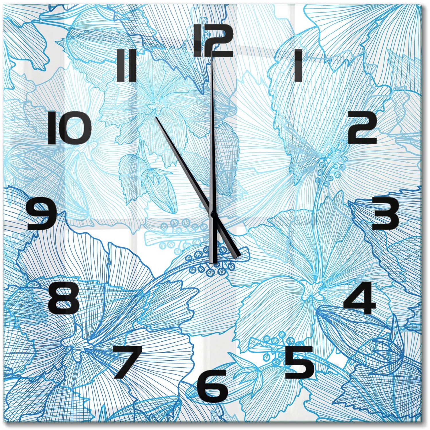 TULUP Wandklok - Hawaiiaanse bloemen Moderne Wandklok Glas - 60x60 cm - Blauw Wandklok Glas Decoratie - Zwarte handen - Vierkante Klok - Glazen Wandklok Design - Klok Glas Met Opdruk