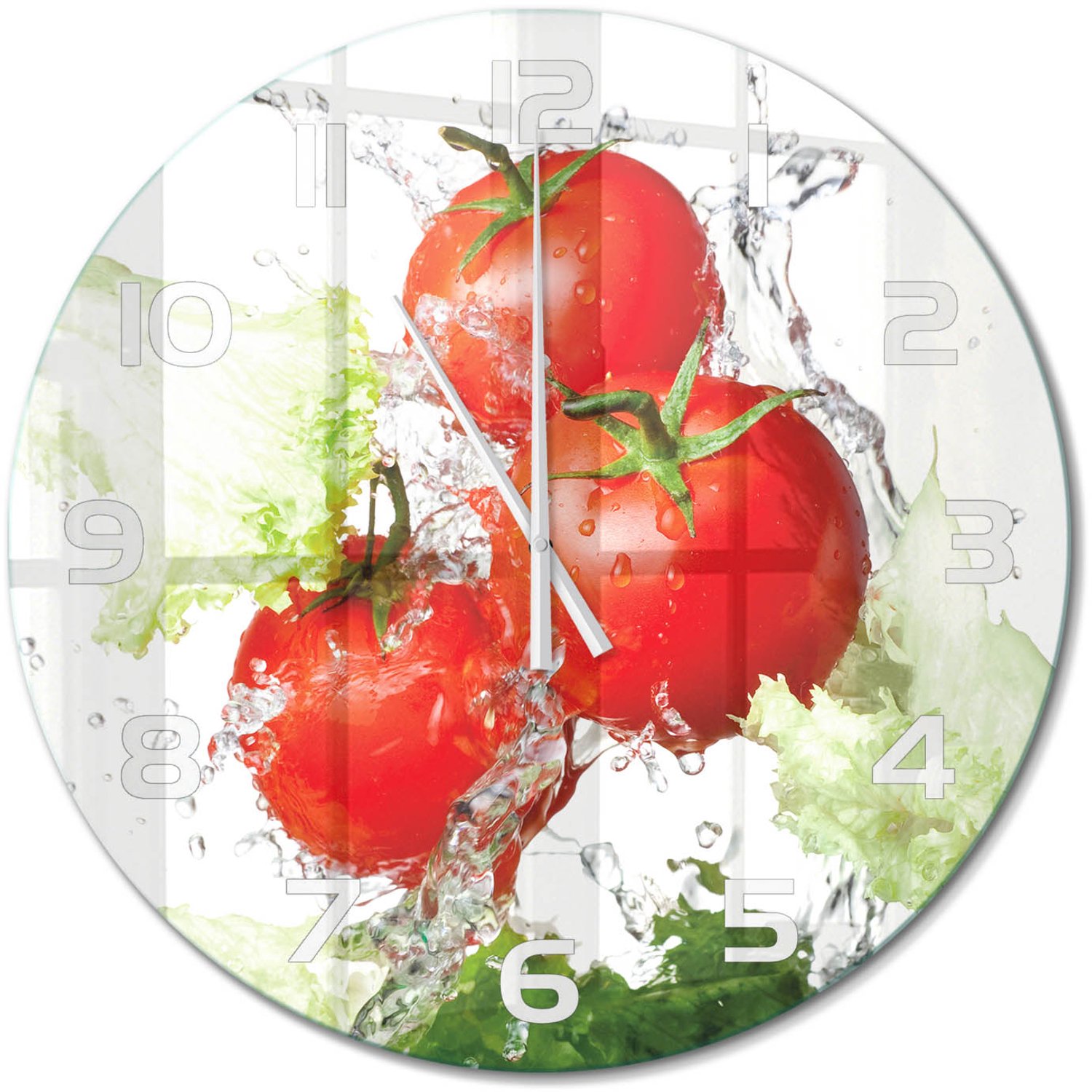 TULUP Wandklok - Tomaten en sla Glazen Wandklok Design - fi60 cm - Rood Klok Glas Met Opdruk - Witte handen - Ronde Klok - Wandklok Glas Met Motief - Decoratieve Glazen Klok