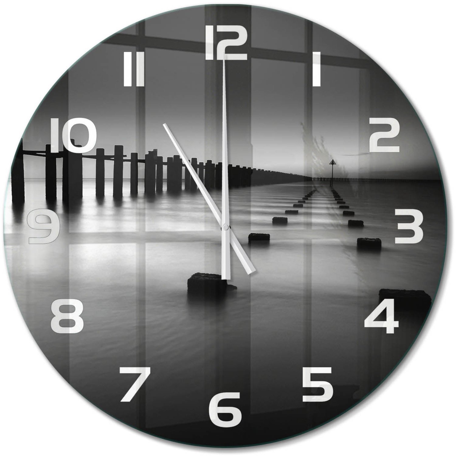 TULUP Wandklok - De golfbreker van de Theems Glazen Wandklok Design - fi60 cm - Zwart-wit Klok Glas Met Opdruk - Witte handen - Ronde Klok - Wandklok Glas Met Motief - Decoratieve Glazen Klok