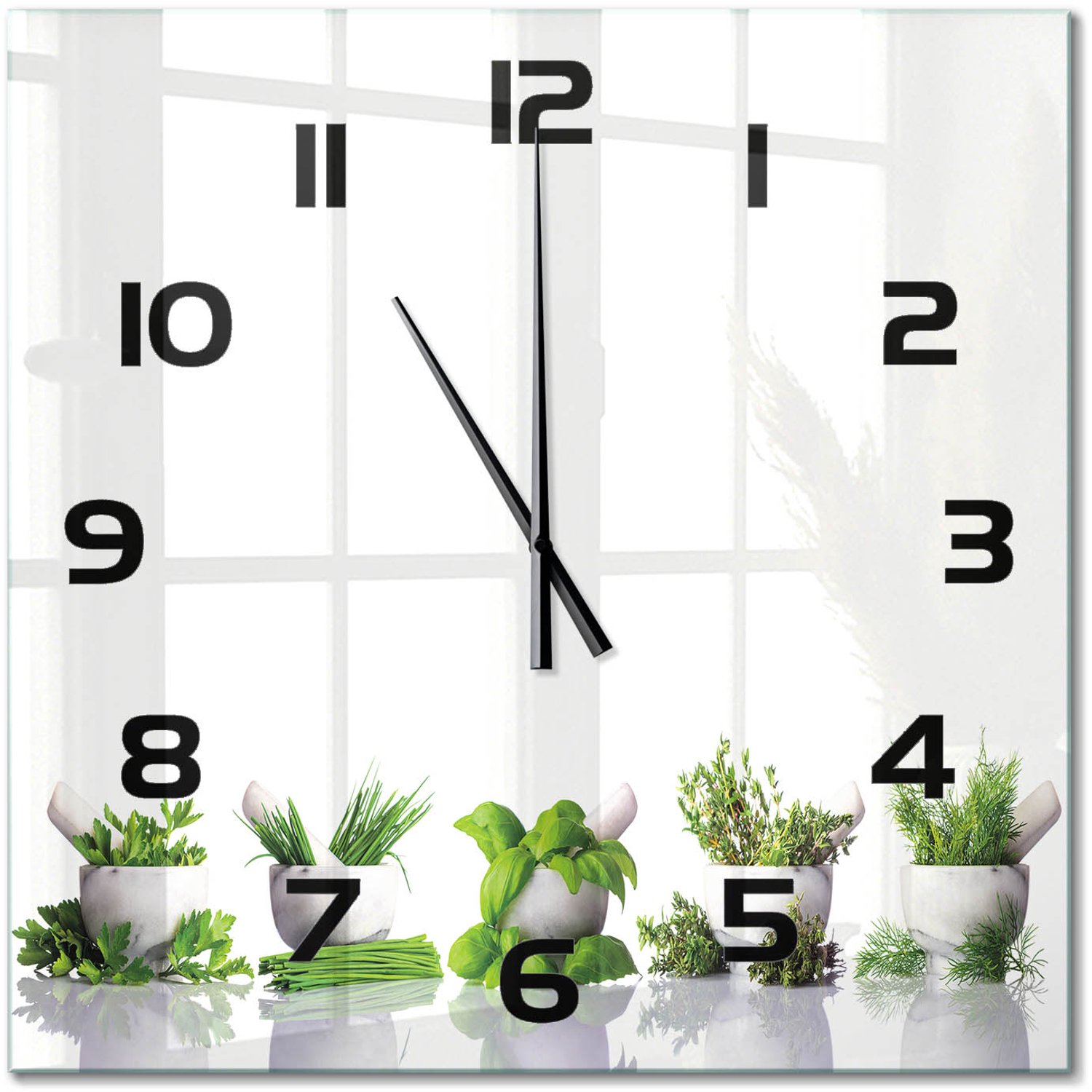 TULUP Wandklok - Kruiden Wandklok Glas Decoratie - 60x60 cm - Groente Gekleurde Glazen Klok - Zwarte handen - Vierkante Klok - Klok Glas Met Opdruk - Moderne Wandklok Glas