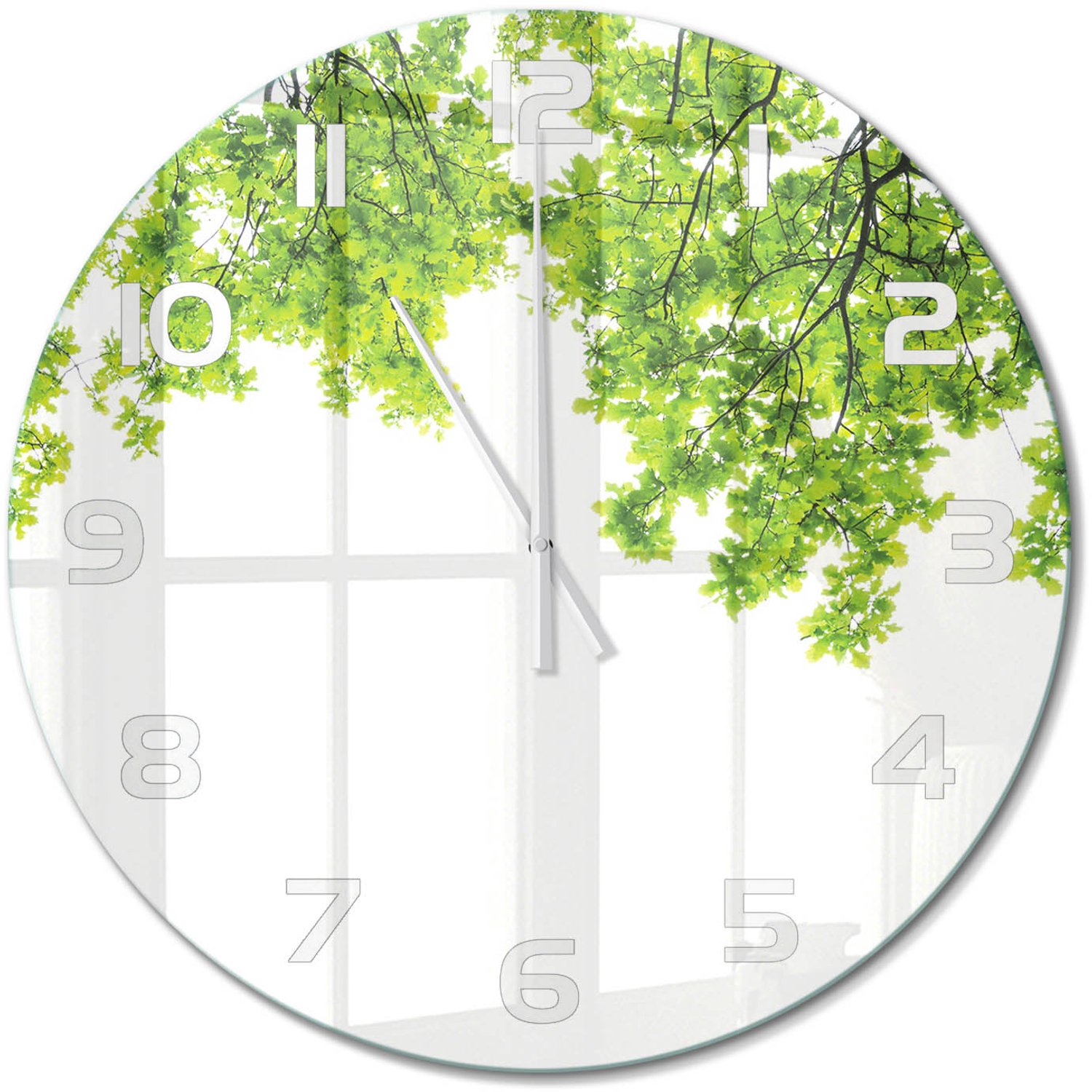 TULUP Wandklok - Eikenbladeren Wandklok Glas Decoratie - fi60 cm - Groente Gekleurde Glazen Klok - Witte handen - Ronde Klok - Klok Glas Met Opdruk - Moderne Wandklok Glas