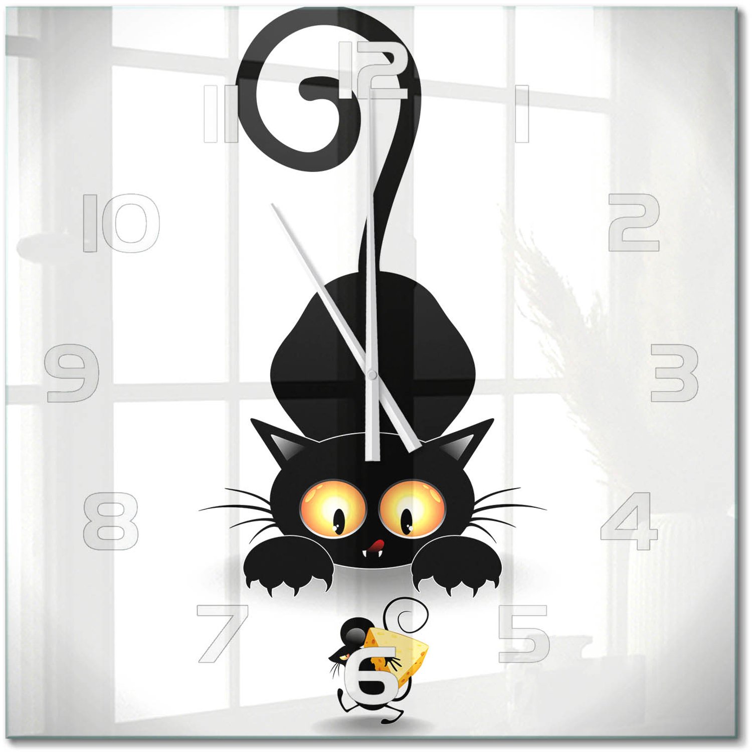 TULUP Wandklok - Kat en muis Decoratieve Glazen Klok - 60x60 cm - Zwart Glazen Wandklok Design - Witte handen - Vierkante Klok - Glazen Klok Met Print - Wandklok Glas Met Motief