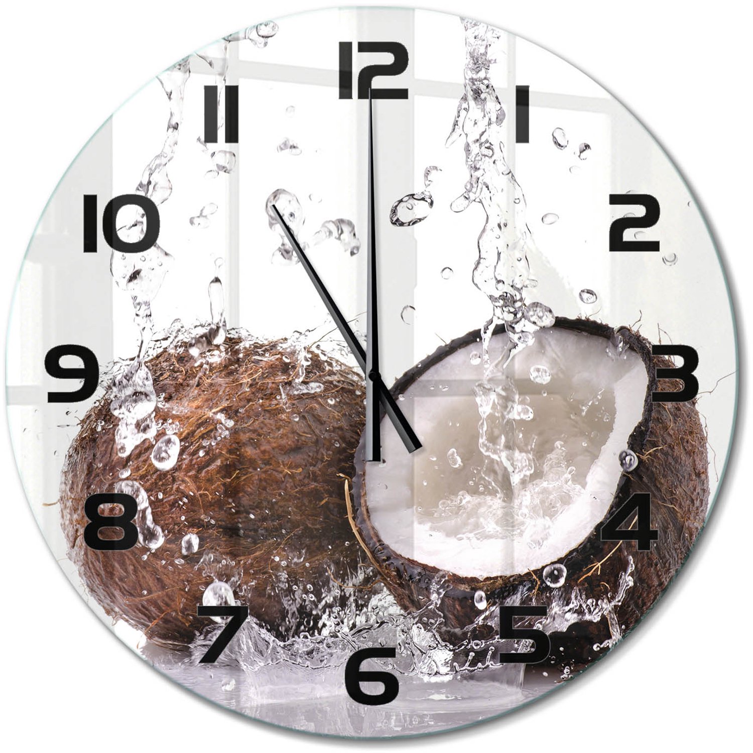TULUP Wandklok - Kokosnoot en water Wandklok Glas Decoratie - fi60 cm - Bruin Gekleurde Glazen Klok - Zwarte handen - Ronde Klok - Klok Glas Met Opdruk - Moderne Wandklok Glas