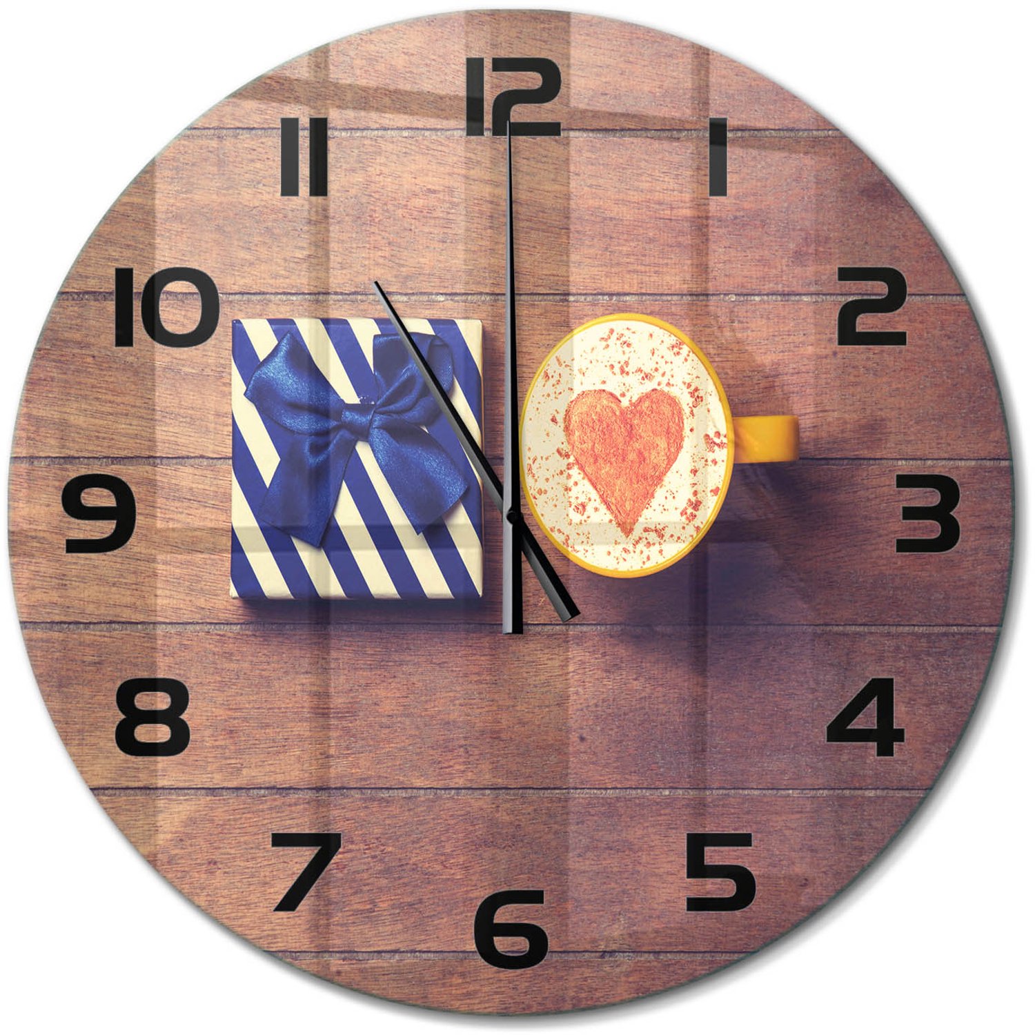 TULUP Wandklok - Koffie en cadeau Gekleurde Glazen Klok - fi60 cm - Blauw Glazen Klok Met Print - Zwarte handen - Ronde Klok - Moderne Wandklok Glas - Wandklok Glas Decoratie