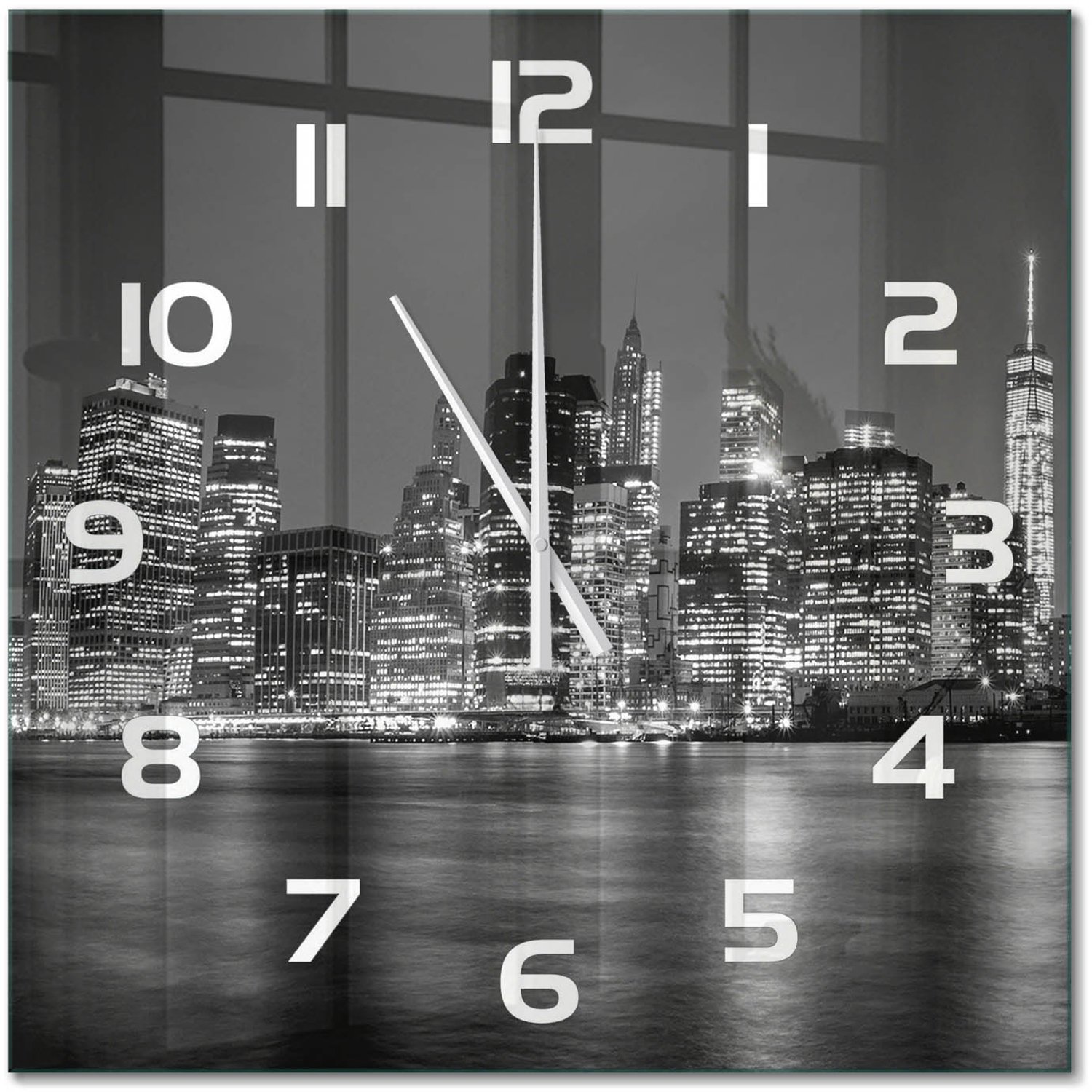 TULUP Wandklok - Manhattan 's nachts Decoratieve Glazen Klok - 60x60 cm - Zwart-wit Glazen Wandklok Design - Witte handen - Vierkante Klok - Glazen Klok Met Print - Wandklok Glas Met Motief