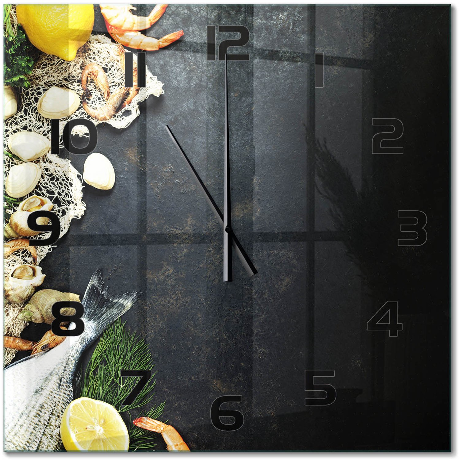 TULUP Wandklok - Zeevruchten Moderne Wandklok Glas - 60x60 cm - Zwart Wandklok Glas Decoratie - Zwarte handen - Vierkante Klok - Glazen Wandklok Design - Klok Glas Met Opdruk