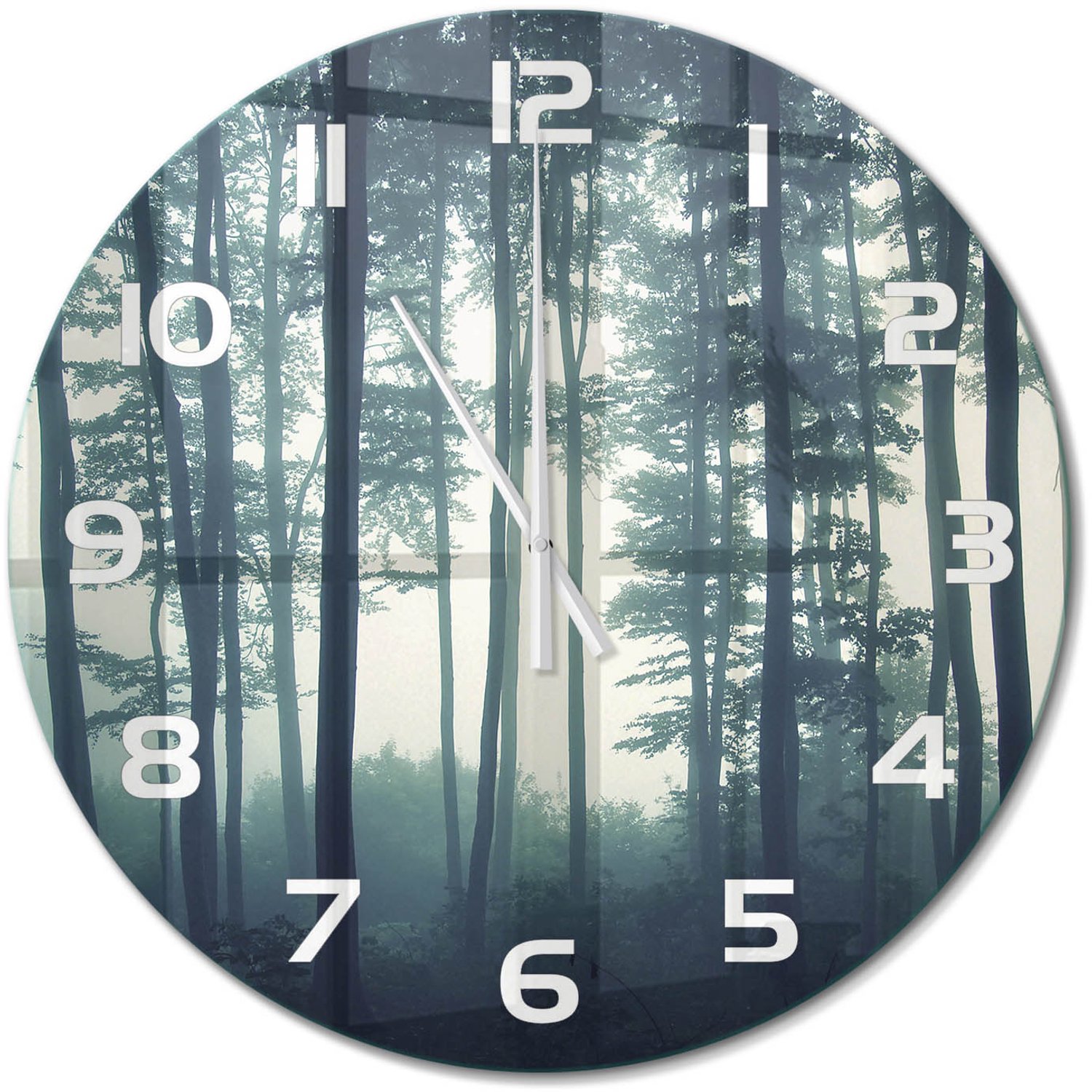 TULUP Wandklok - Mist in het bos Gekleurde Glazen Klok - fi60 cm - Zwart Glazen Klok Met Print - Witte handen - Ronde Klok - Moderne Wandklok Glas - Wandklok Glas Decoratie