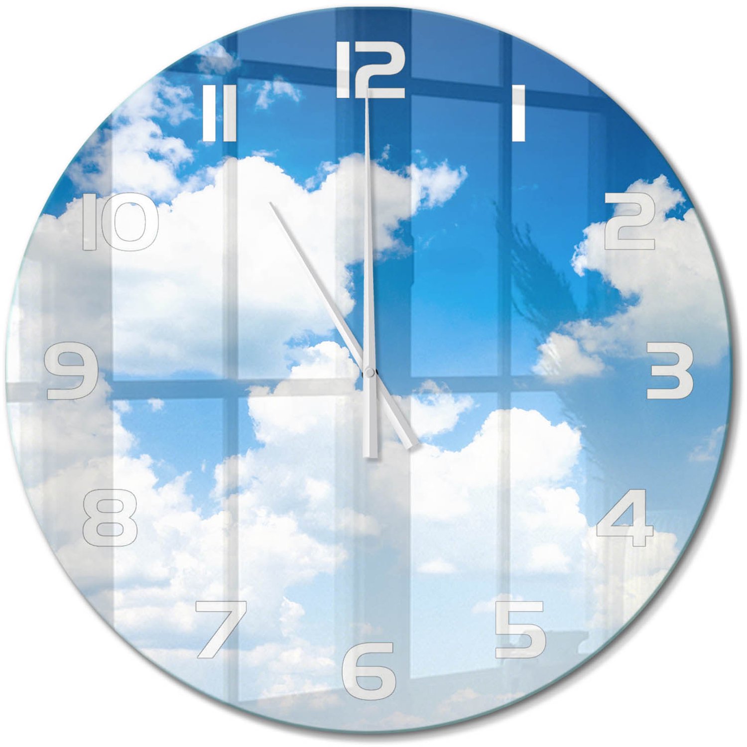 TULUP Wandklok - Wolken aan de hemel Glazen Klok Met Print - fi60 cm - Blauw Wandklok Glas Met Motief - Witte handen - Ronde Klok - Wandklok Glas Decoratie - Gekleurde Glazen Klok