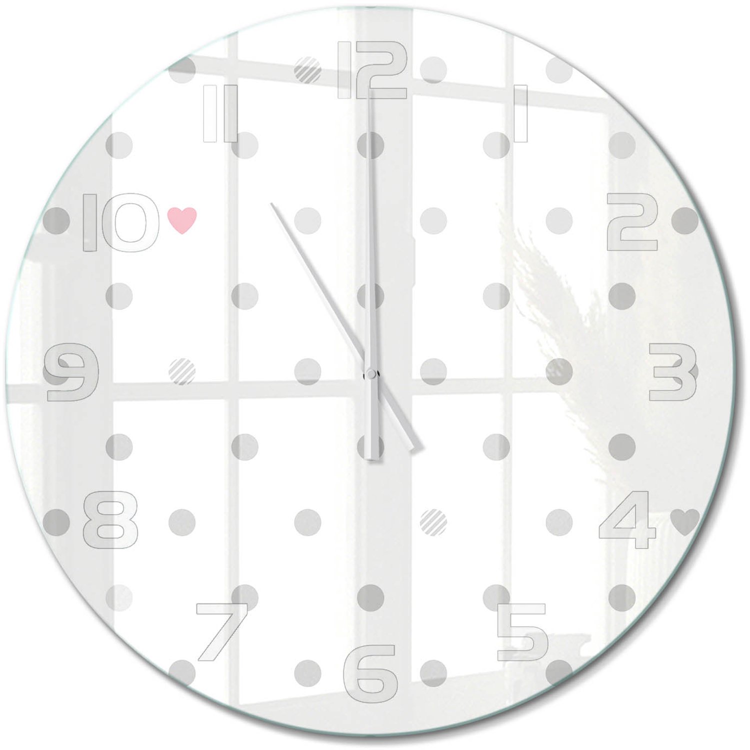 TULUP Wandklok - Stippen en harten Glazen Wandklok Design - fi60 cm - Grijs Klok Glas Met Opdruk - Witte handen - Ronde Klok - Wandklok Glas Met Motief - Decoratieve Glazen Klok