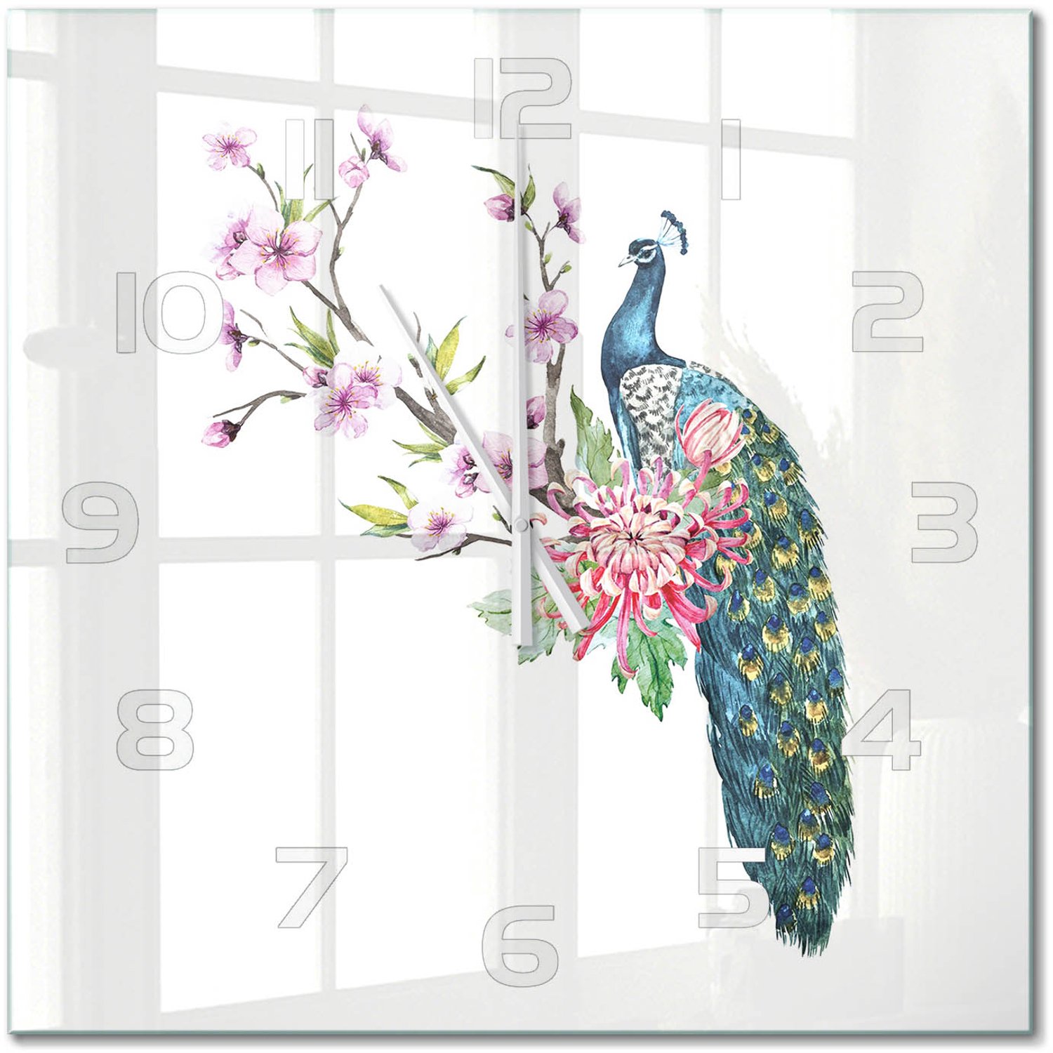 TULUP Wandklok - Pauw en bloemen Wandklok Glas Decoratie - 60x60 cm - Veelkleurig Gekleurde Glazen Klok - Witte handen - Vierkante Klok - Klok Glas Met Opdruk - Moderne Wandklok Glas