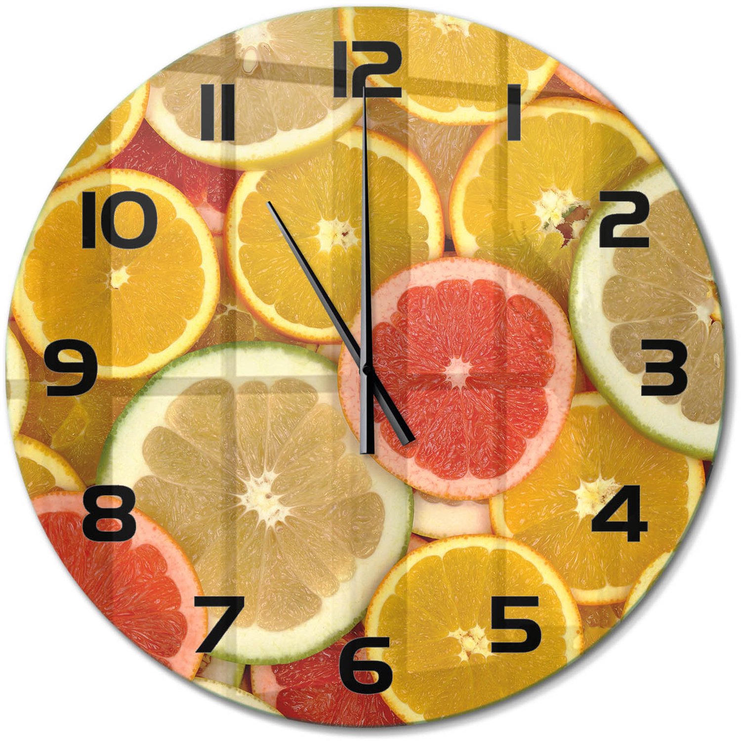 TULUP Wandklok - Citrusvruchten Glazen Klok Met Print - fi60 cm - Veelkleurig Wandklok Glas Met Motief - Zwarte handen - Ronde Klok - Wandklok Glas Decoratie - Gekleurde Glazen Klok