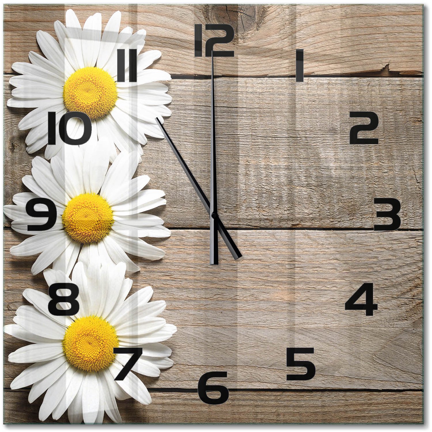TULUP Wandklok - Madeliefjeshout Moderne Wandklok Glas - 60x60 cm - Bruin Wandklok Glas Decoratie - Zwarte handen - Vierkante Klok - Glazen Wandklok Design - Klok Glas Met Opdruk