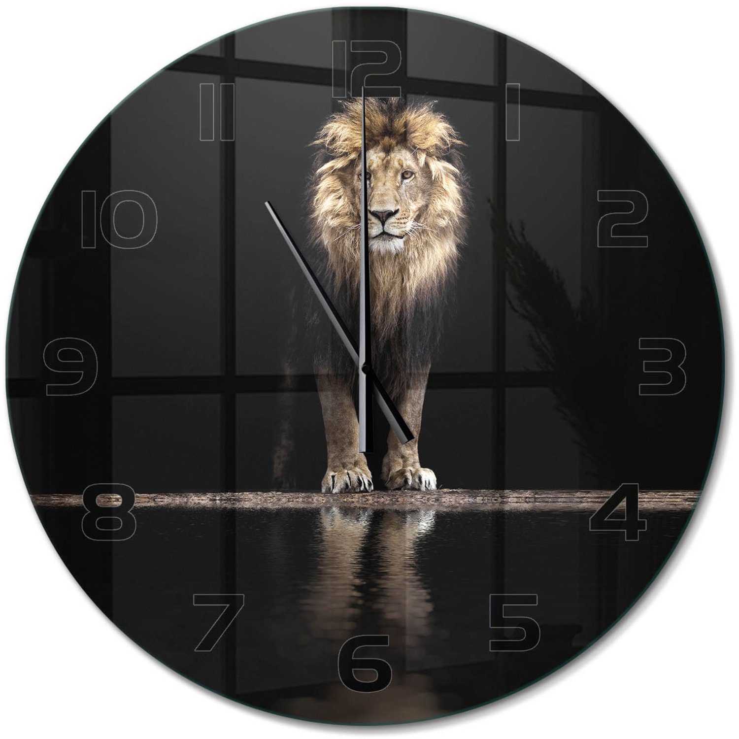 TULUP Wandklok - Portret van een leeuw Klok Glas Met Opdruk - fi60 cm - Bruin Moderne Wandklok Glas - Zwarte handen - Ronde Klok - Decoratieve Glazen Klok - Glazen Wandklok Design