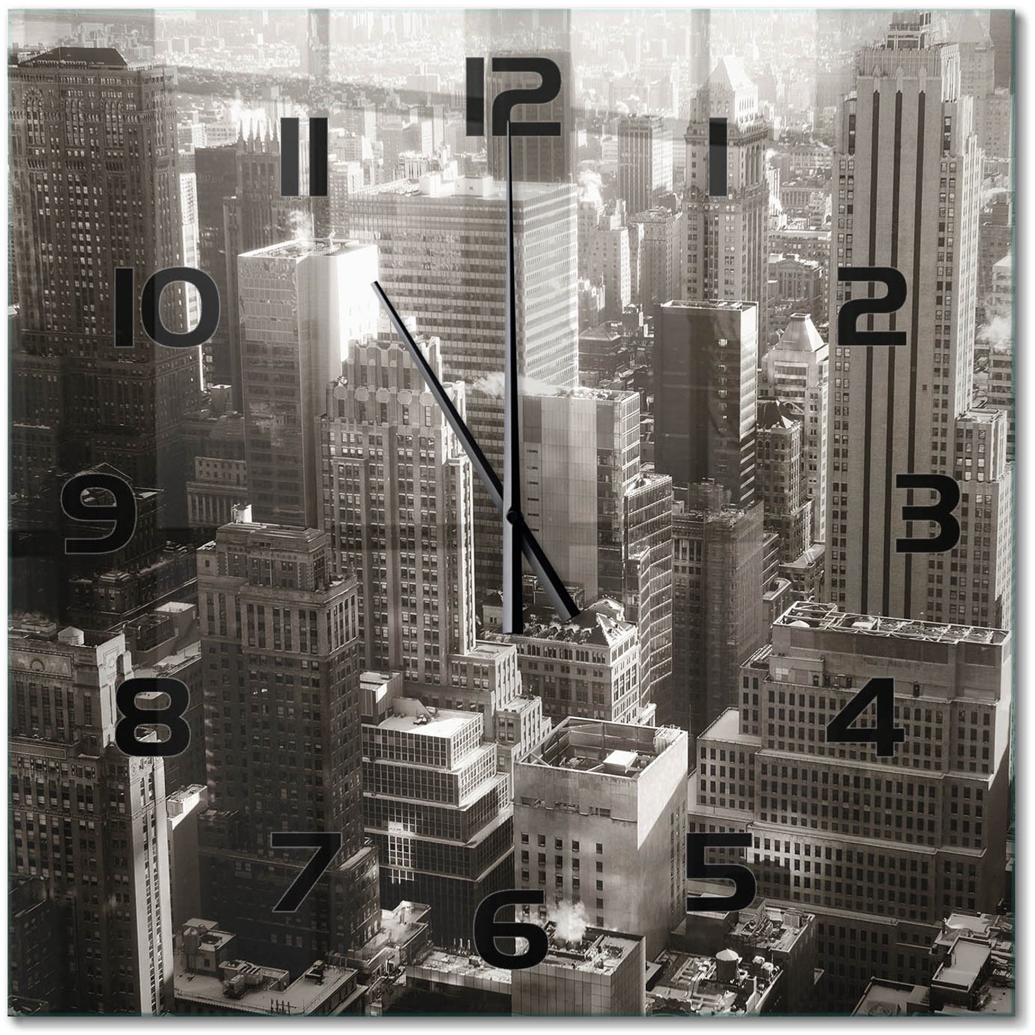 TULUP Wandklok - New York Klok Glas Met Opdruk - 60x60 cm - Zwart-wit Moderne Wandklok Glas - Zwarte handen - Vierkante Klok - Decoratieve Glazen Klok - Glazen Wandklok Design