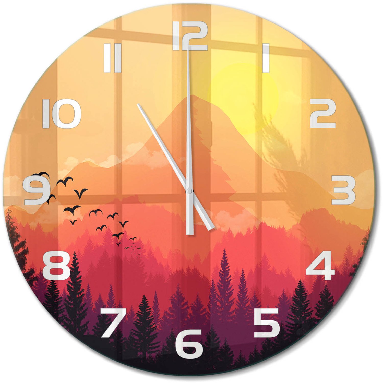 TULUP Wandklok - Berglandschap Gekleurde Glazen Klok - fi60 cm - Oranje Glazen Klok Met Print - Witte handen - Ronde Klok - Moderne Wandklok Glas - Wandklok Glas Decoratie