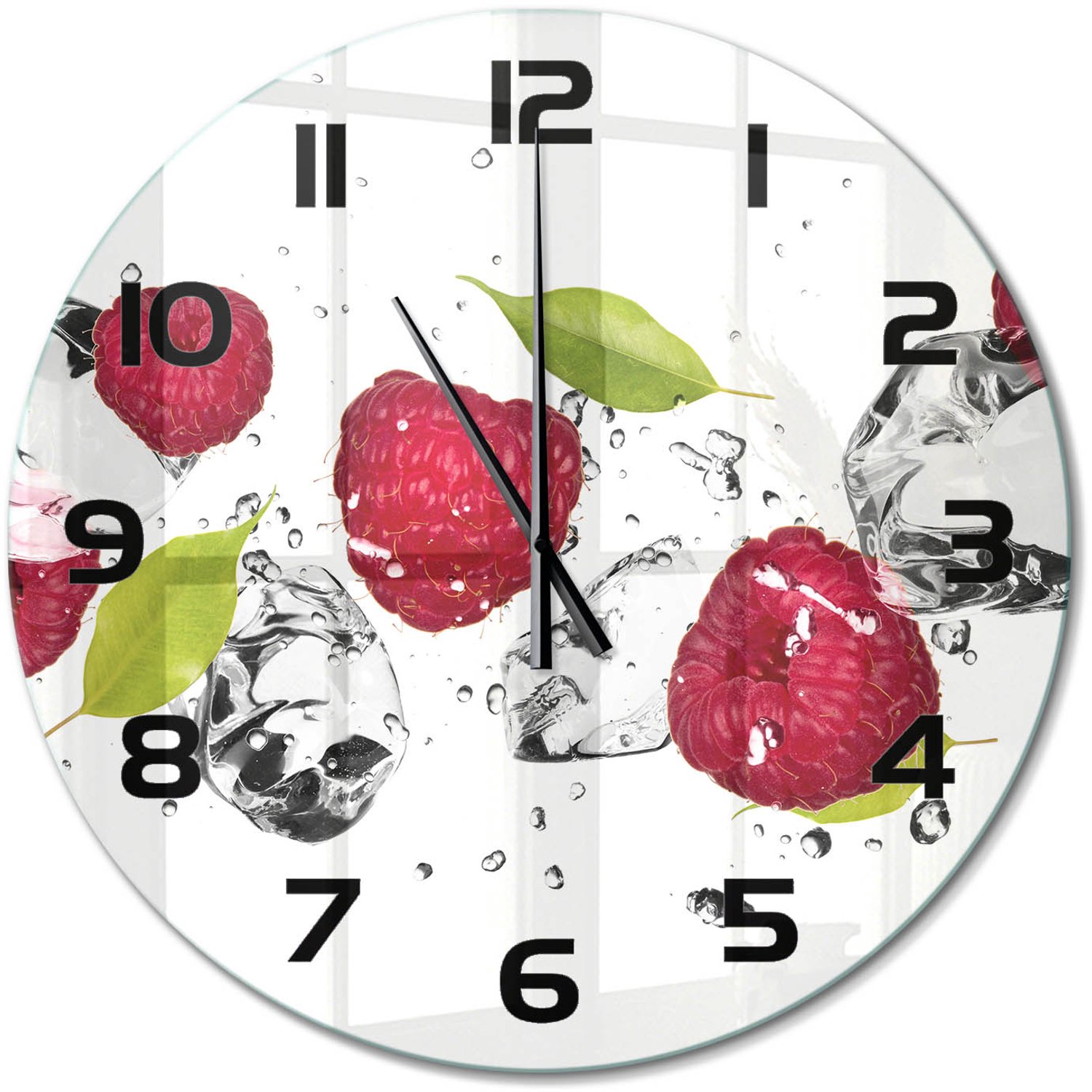 TULUP Wandklok - Framboos en water Wandklok Glas Met Motief - fi60 cm - Roze Decoratieve Glazen Klok - Zwarte handen - Ronde Klok - Gekleurde Glazen Klok - Glazen Klok Met Print