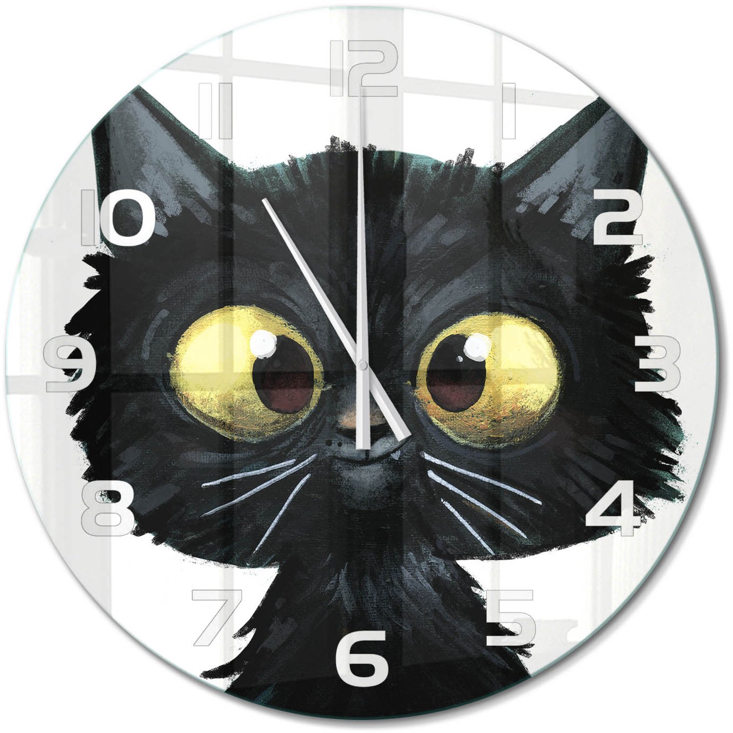 TULUP Wandklok - Kattenillustratie Wandklok Glas Decoratie - fi60 cm - zwart Gekleurde Glazen Klok - Witte handen - Ronde Klok - Klok Glas Met Opdruk - Moderne Wandklok Glas