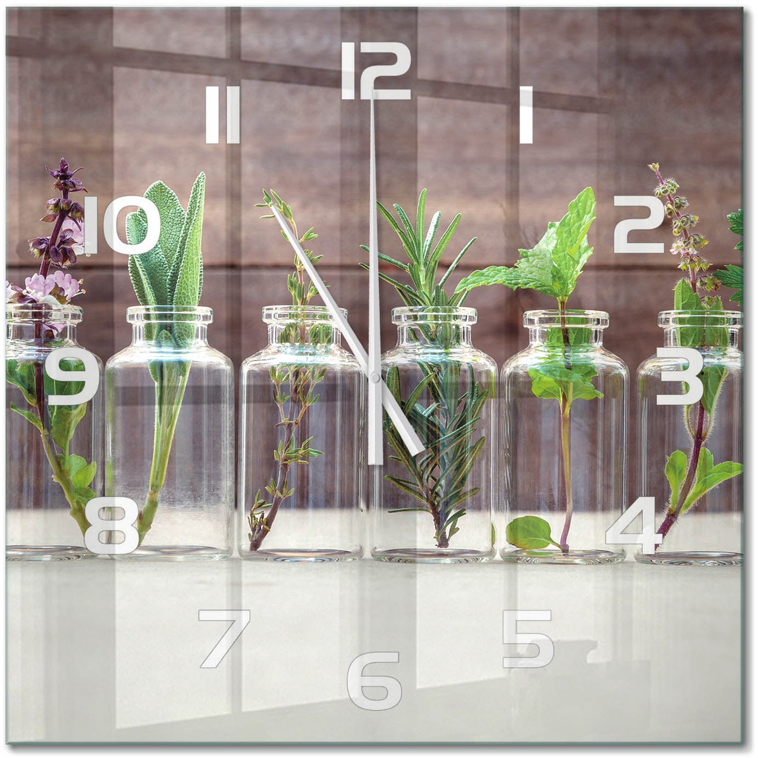 TULUP Wandklok - Planten in glazen Glazen Wandklok Design - 60x60 cm - Groente Klok Glas Met Opdruk - Witte handen - Vierkante Klok - Wandklok Glas Met Motief - Decoratieve Glazen Klok