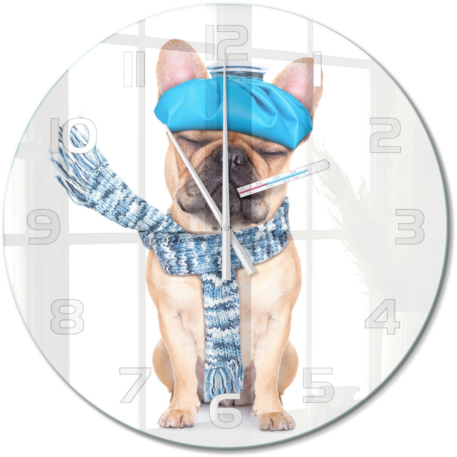 TULUP Wandklok - Zieke hond Gekleurde Glazen Klok - fi60 cm - Blauw Glazen Klok Met Print - Witte handen - Ronde Klok - Moderne Wandklok Glas - Wandklok Glas Decoratie