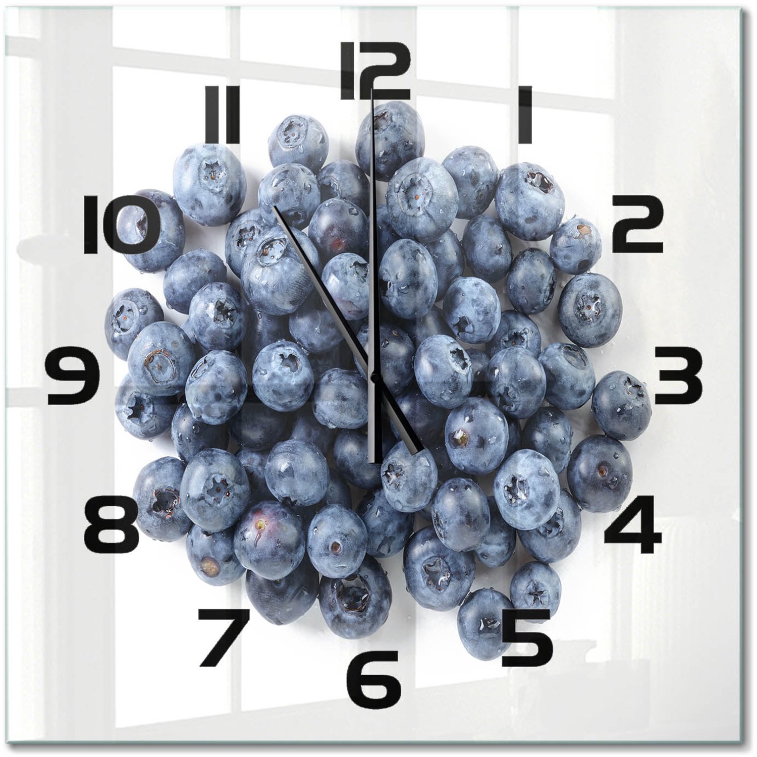 TULUP Wandklok - Bosbessen Wandklok Glas Met Motief - 60x60 cm - Blauw Decoratieve Glazen Klok - Zwarte handen - Vierkante Klok - Gekleurde Glazen Klok - Glazen Klok Met Print