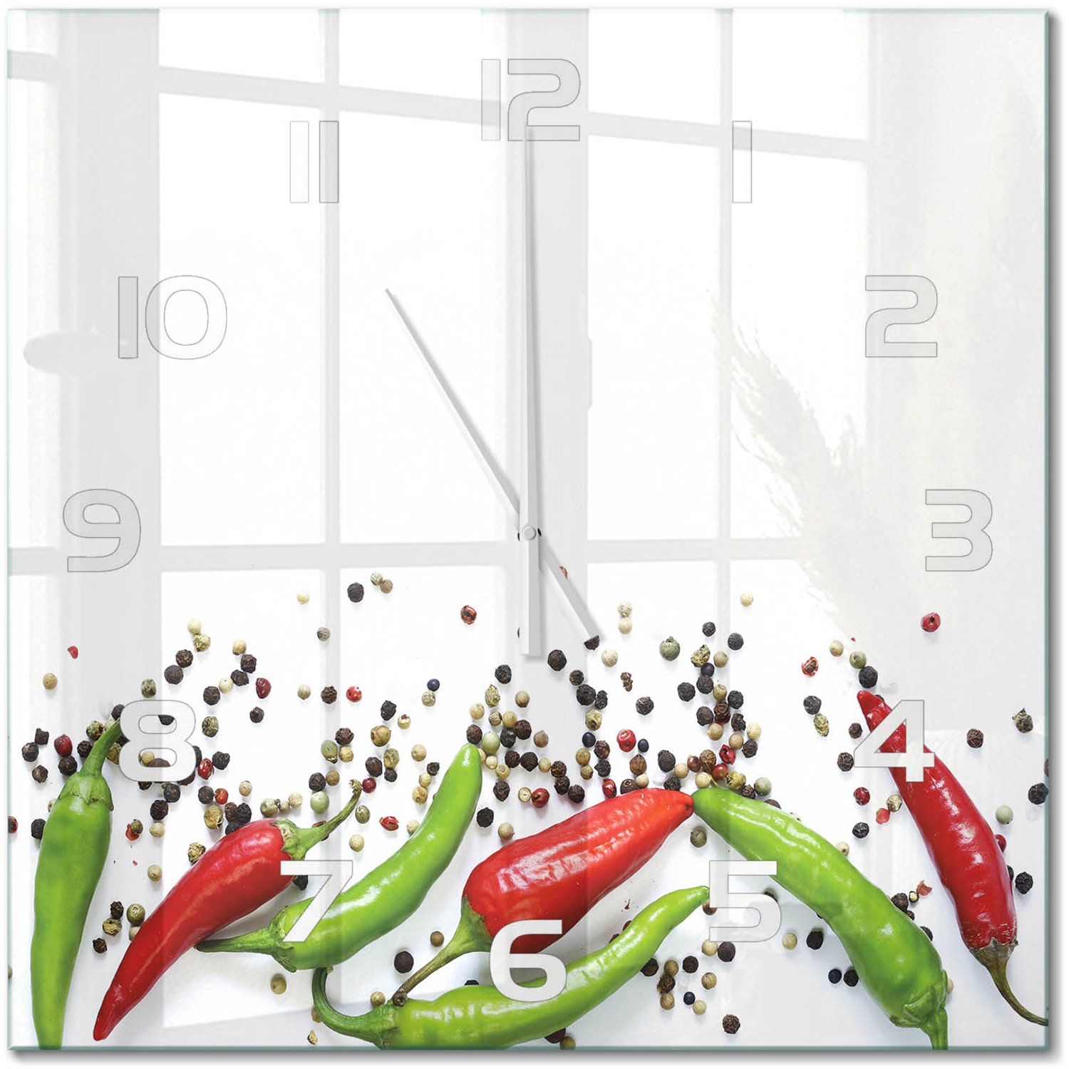 TULUP Wandklok - Chilipepers Glazen Klok Met Print - 60x60 cm - Veelkleurig Wandklok Glas Met Motief - Witte handen - Vierkante Klok - Wandklok Glas Decoratie - Gekleurde Glazen Klok