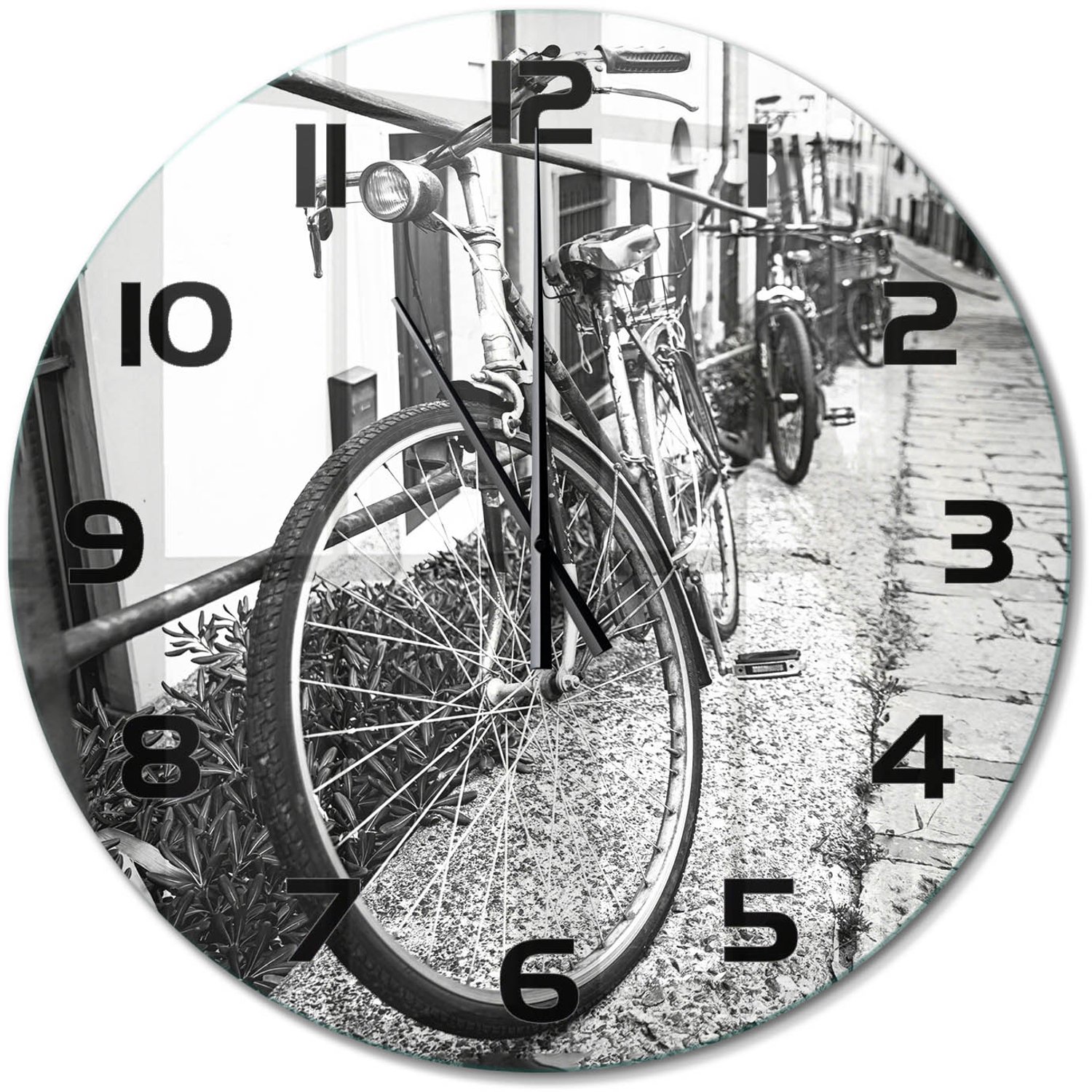 TULUP Wandklok - Stadsfietsen Glazen Wandklok Design - fi60 cm - Zwart-wit Klok Glas Met Opdruk - Zwarte handen - Ronde Klok - Wandklok Glas Met Motief - Decoratieve Glazen Klok