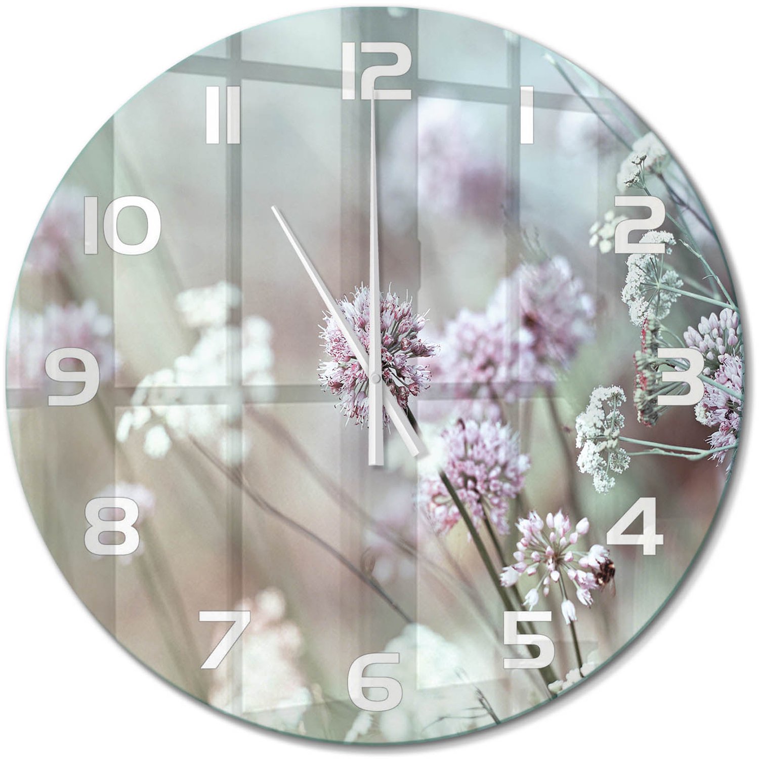 TULUP Wandklok - Wilde bloemen Wandklok Glas Met Motief - fi60 cm - Wit Decoratieve Glazen Klok - Witte handen - Ronde Klok - Gekleurde Glazen Klok - Glazen Klok Met Print