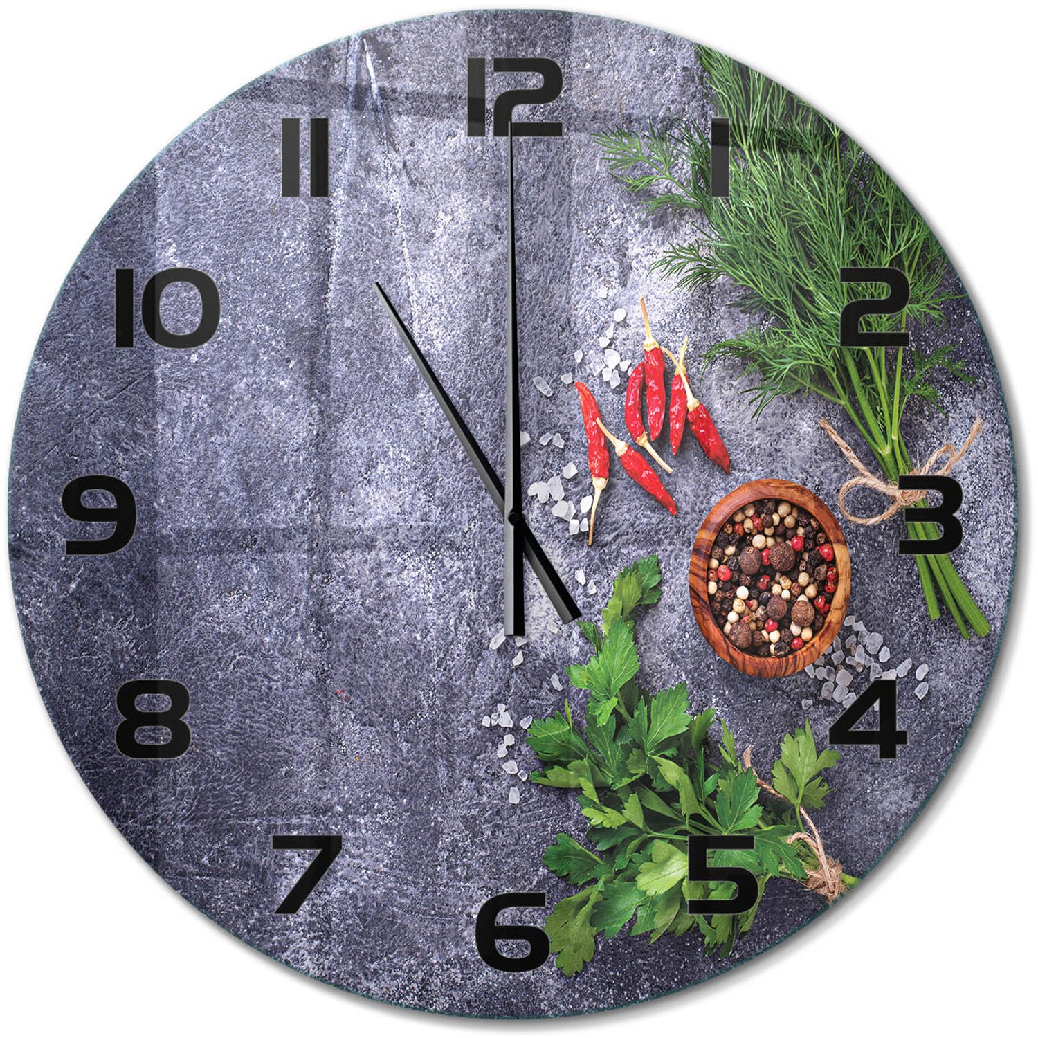 TULUP Wandklok - Kruiden en specerijen Wandklok Glas Decoratie - fi60 cm - Groente Gekleurde Glazen Klok - Zwarte handen - Ronde Klok - Klok Glas Met Opdruk - Moderne Wandklok Glas