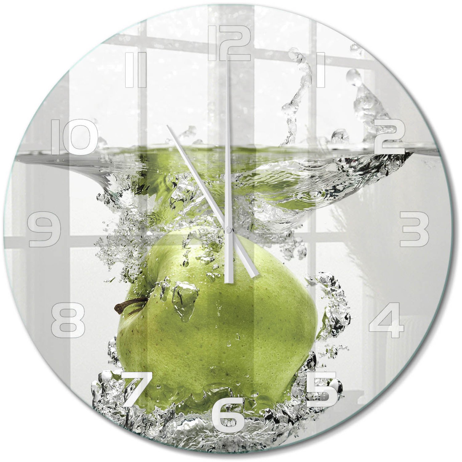TULUP Wandklok - Appel onder water Wandklok Glas Decoratie - fi60 cm - Groente Gekleurde Glazen Klok - Witte handen - Ronde Klok - Klok Glas Met Opdruk - Moderne Wandklok Glas