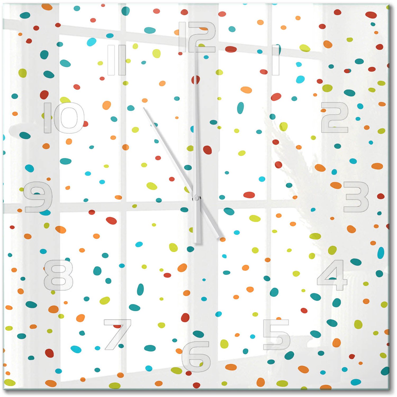 TULUP Wandklok - Kleurrijke stippen Decoratieve Glazen Klok - 60x60 cm - Veelkleurig Glazen Wandklok Design - Witte handen - Vierkante Klok - Glazen Klok Met Print - Wandklok Glas Met Motief