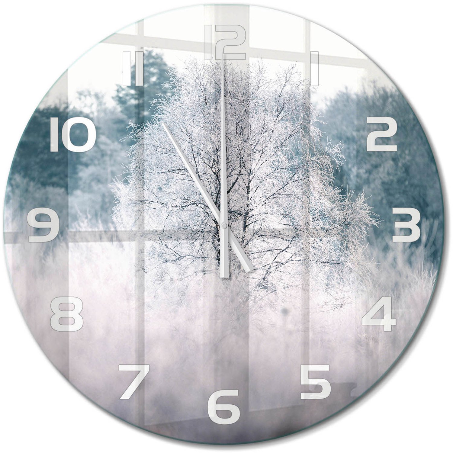 TULUP Wandklok - Winterbomen Glazen Klok Met Print - fi60 cm - Grijs Wandklok Glas Met Motief - Witte handen - Ronde Klok - Wandklok Glas Decoratie - Gekleurde Glazen Klok
