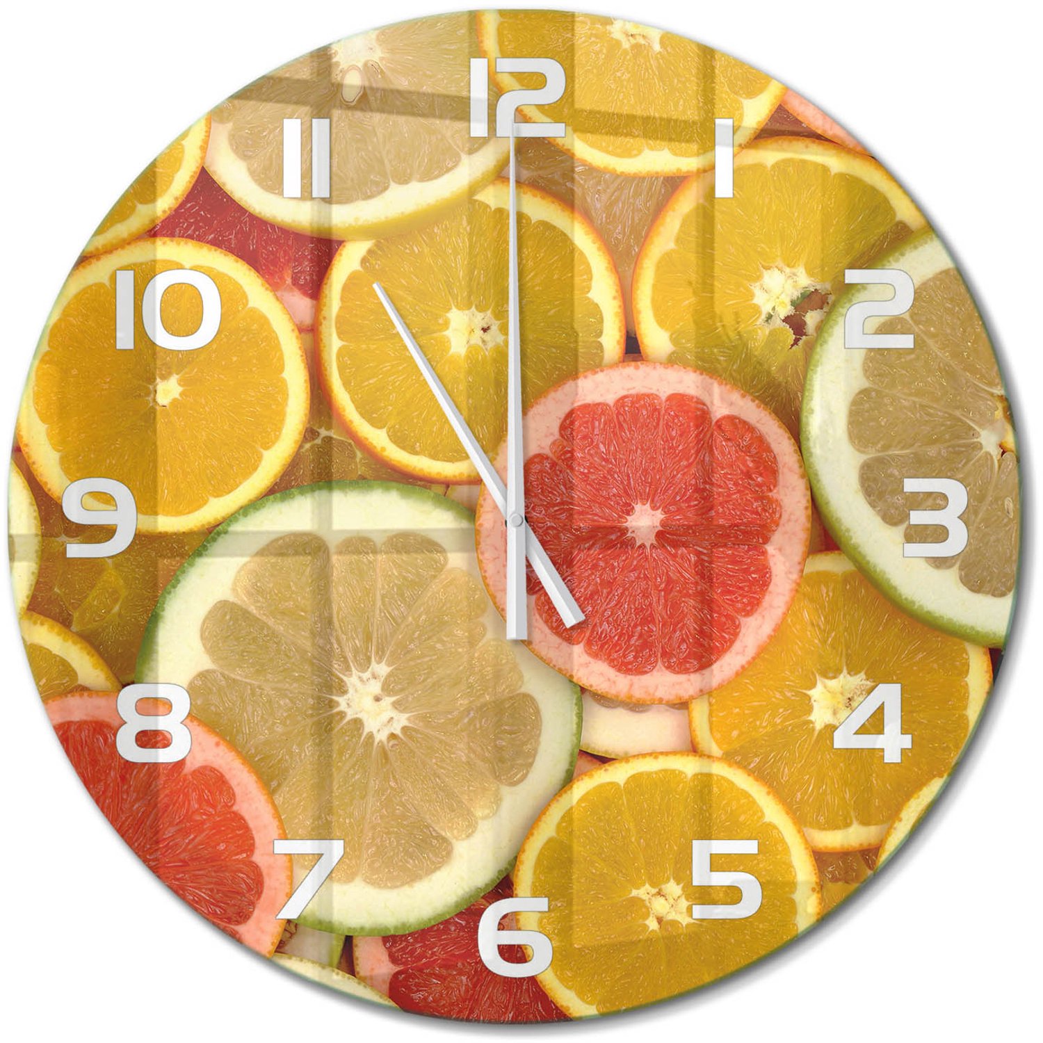 TULUP Wandklok - Citrusvruchten Moderne Wandklok Glas - fi60 cm - Veelkleurig Wandklok Glas Decoratie - Witte handen - Ronde Klok - Glazen Wandklok Design - Klok Glas Met Opdruk