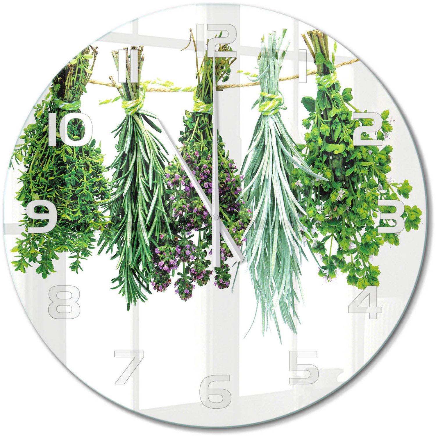 TULUP Wandklok - Kruiden aan een touwtje Glazen Klok Met Print - fi60 cm - Groente Wandklok Glas Met Motief - Witte handen - Ronde Klok - Wandklok Glas Decoratie - Gekleurde Glazen Klok