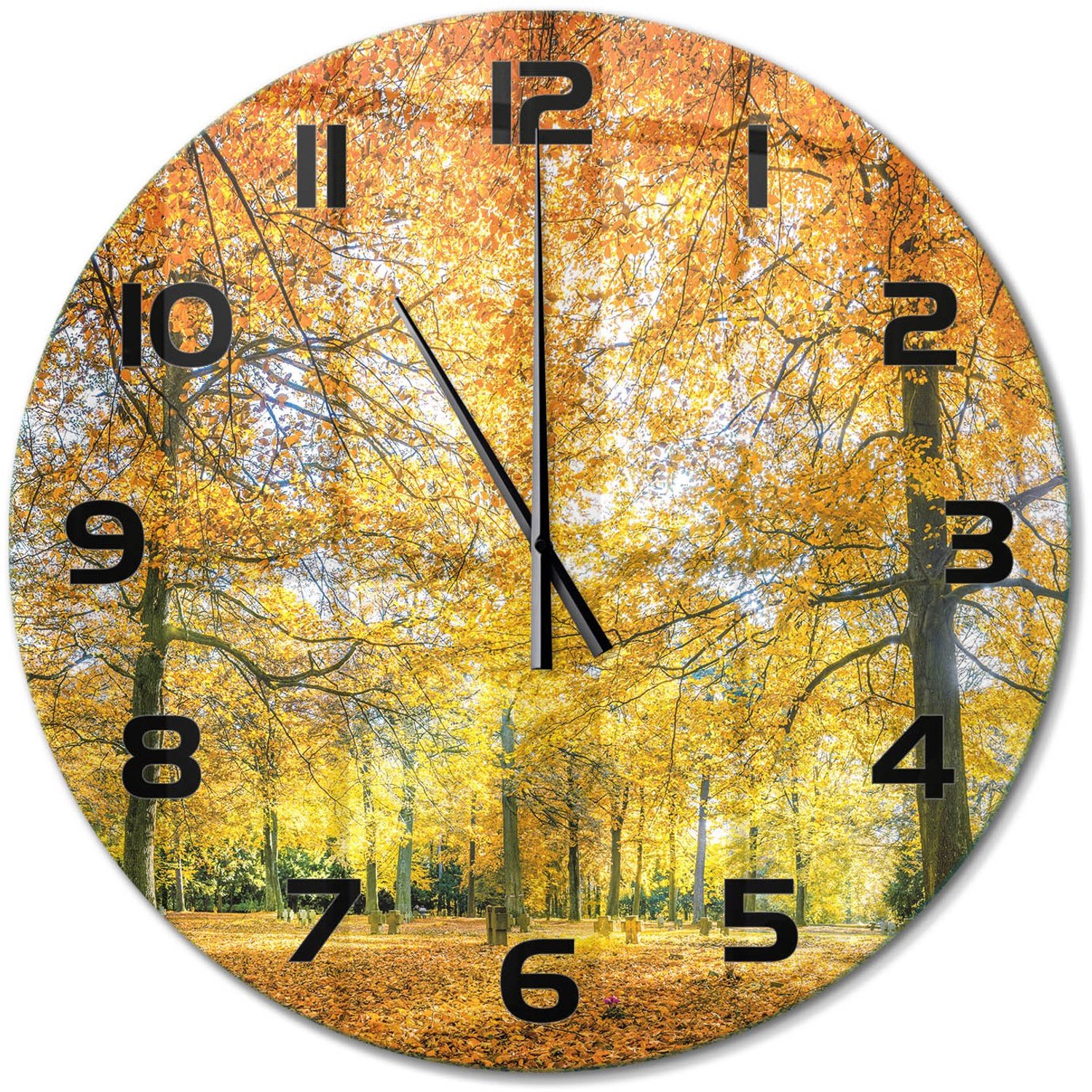 TULUP Wandklok - Herfstbos Decoratieve Glazen Klok - fi60 cm - Oranje Glazen Wandklok Design - Zwarte handen - Ronde Klok - Glazen Klok Met Print - Wandklok Glas Met Motief