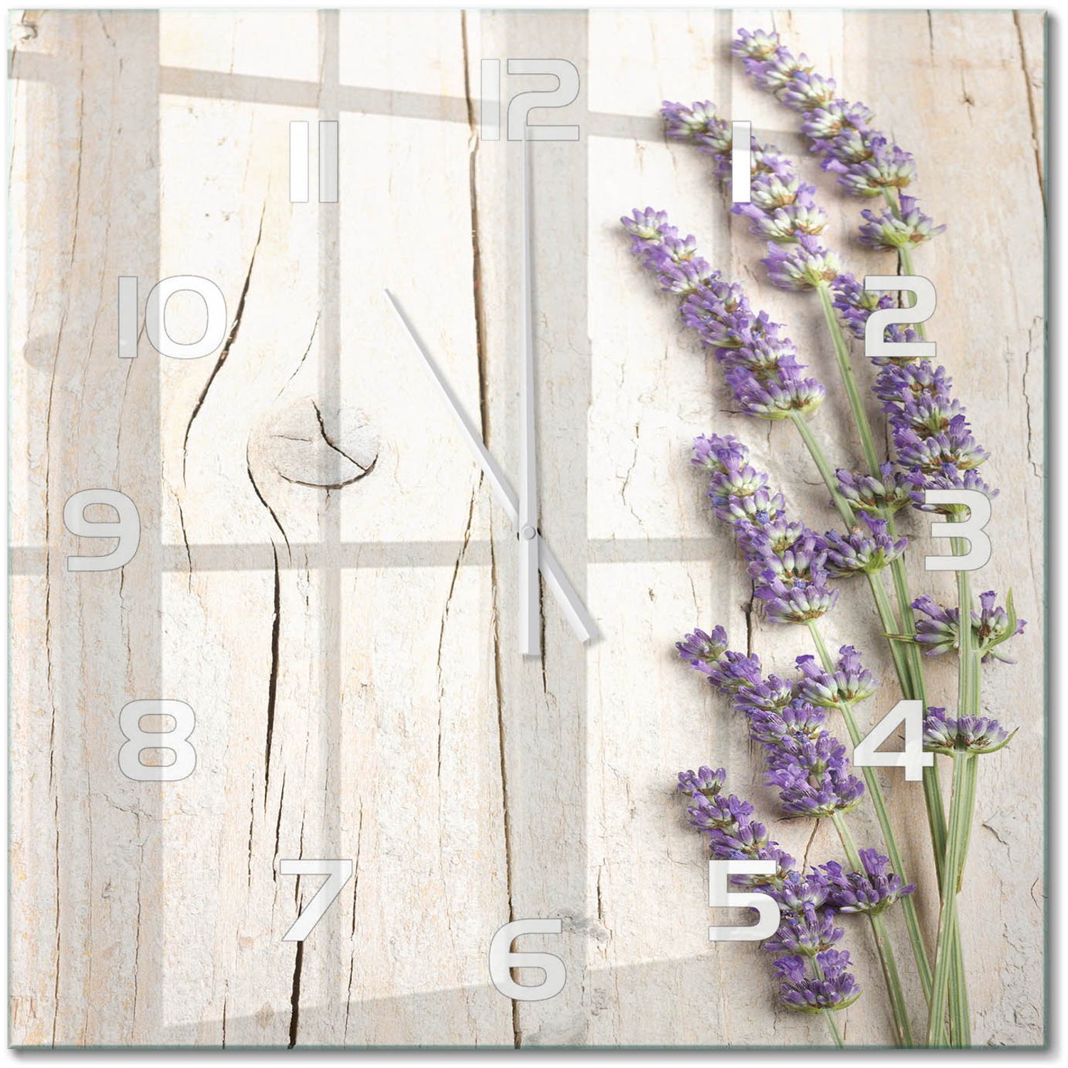 TULUP Wandklok - Lavendel op hout Decoratieve Glazen Klok - 60x60 cm - Paars Glazen Wandklok Design - Witte handen - Vierkante Klok - Glazen Klok Met Print - Wandklok Glas Met Motief