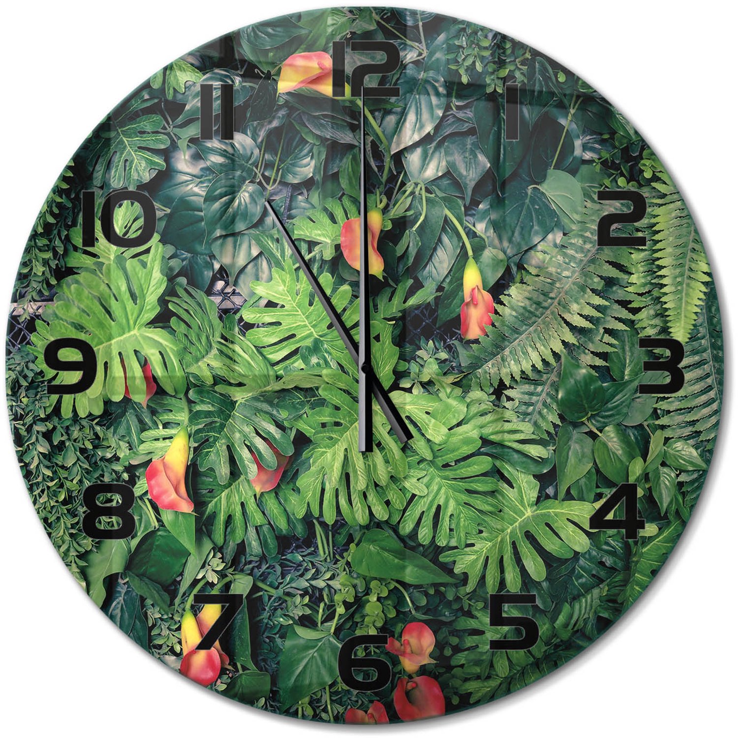 TULUP Wandklok - Exotische jungle Gekleurde Glazen Klok - fi60 cm - Groente Glazen Klok Met Print - Zwarte handen - Ronde Klok - Moderne Wandklok Glas - Wandklok Glas Decoratie