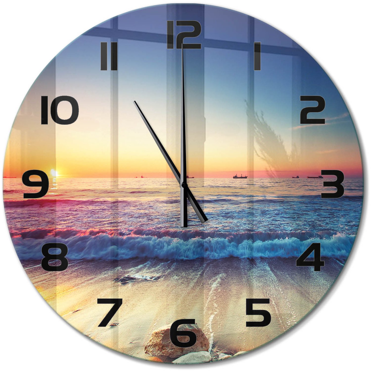 TULUP Wandklok - Zonsopgang boven de zee Moderne Wandklok Glas - fi60 cm - Oranje Wandklok Glas Decoratie - Zwarte handen - Ronde Klok - Glazen Wandklok Design - Klok Glas Met Opdruk