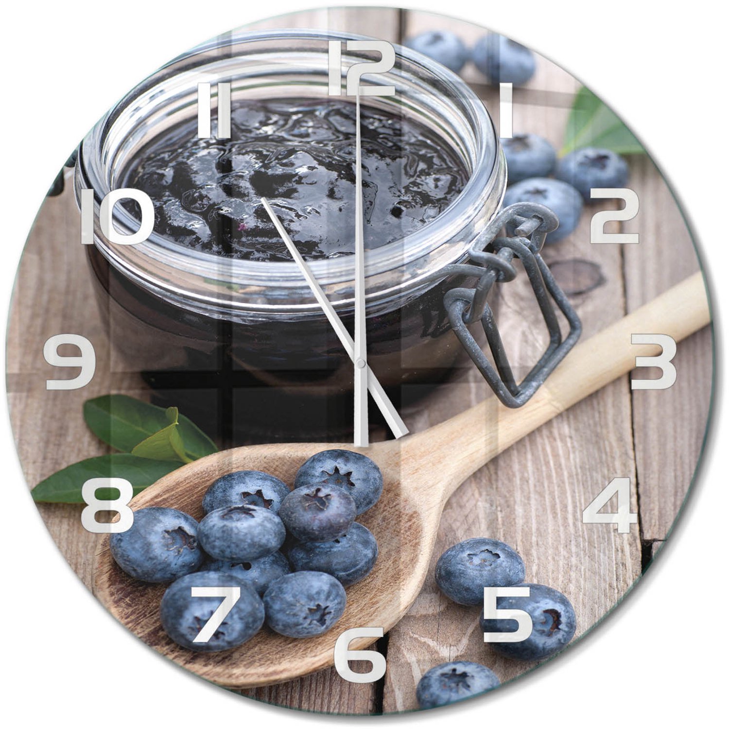 TULUP Wandklok - Bosbessenjam Wandklok Glas Met Motief - fi60 cm - Blauw Decoratieve Glazen Klok - Witte handen - Ronde Klok - Gekleurde Glazen Klok - Glazen Klok Met Print