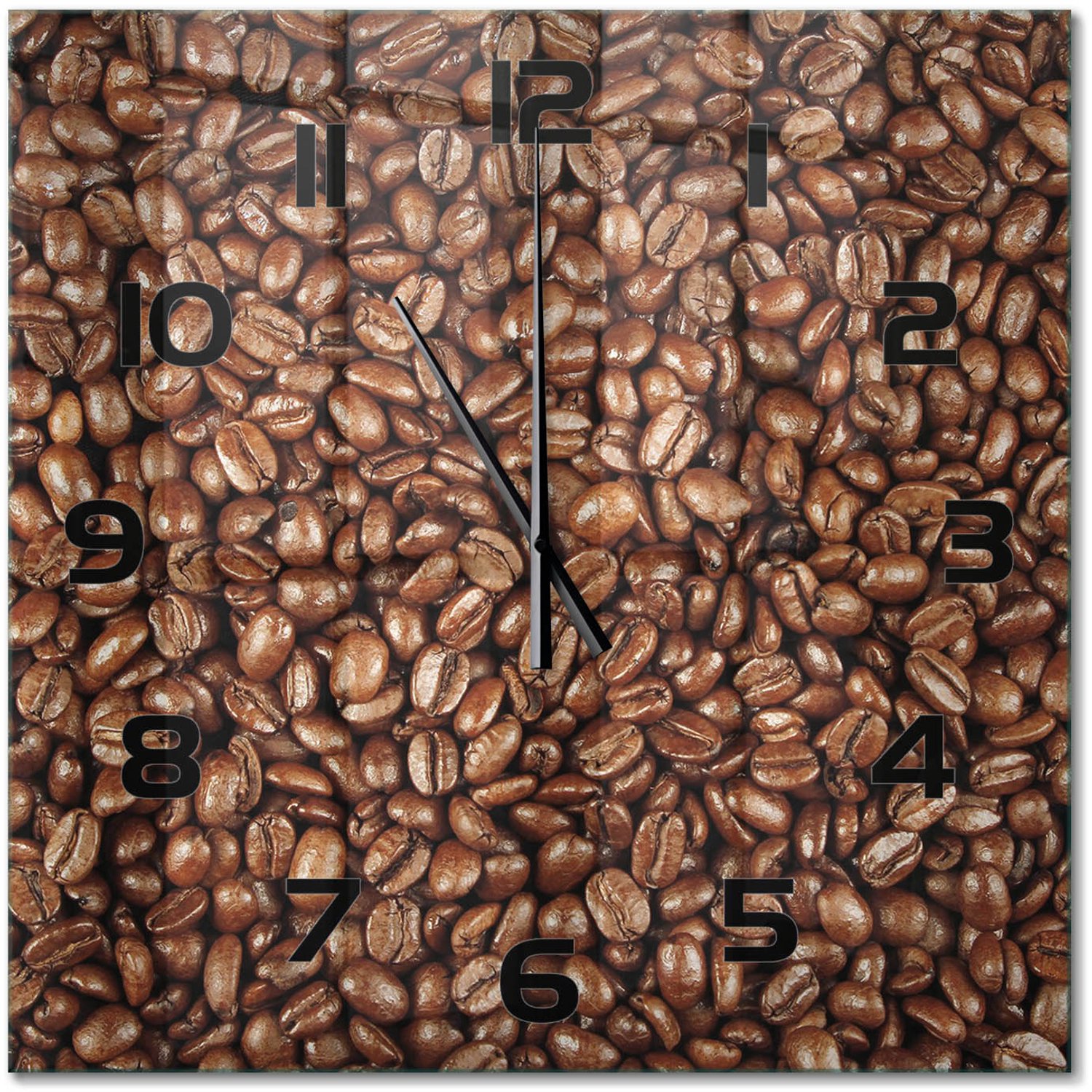 TULUP Wandklok - Koffiebonen Glazen Klok Met Print - 60x60 cm - Bruin Wandklok Glas Met Motief - Zwarte handen - Vierkante Klok - Wandklok Glas Decoratie - Gekleurde Glazen Klok