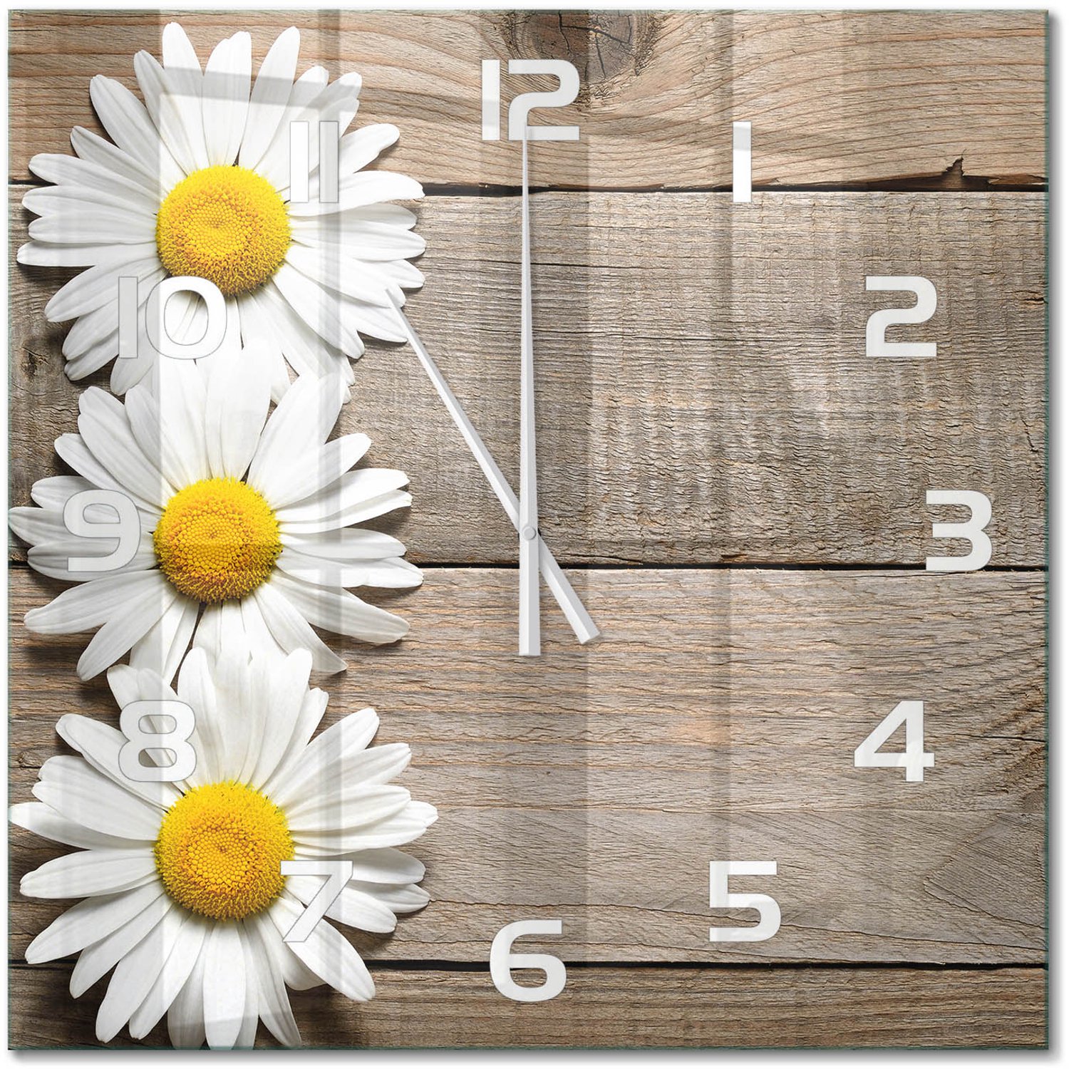 TULUP Wandklok - Madeliefjeshout Decoratieve Glazen Klok - 60x60 cm - Bruin Glazen Wandklok Design - Witte handen - Vierkante Klok - Glazen Klok Met Print - Wandklok Glas Met Motief